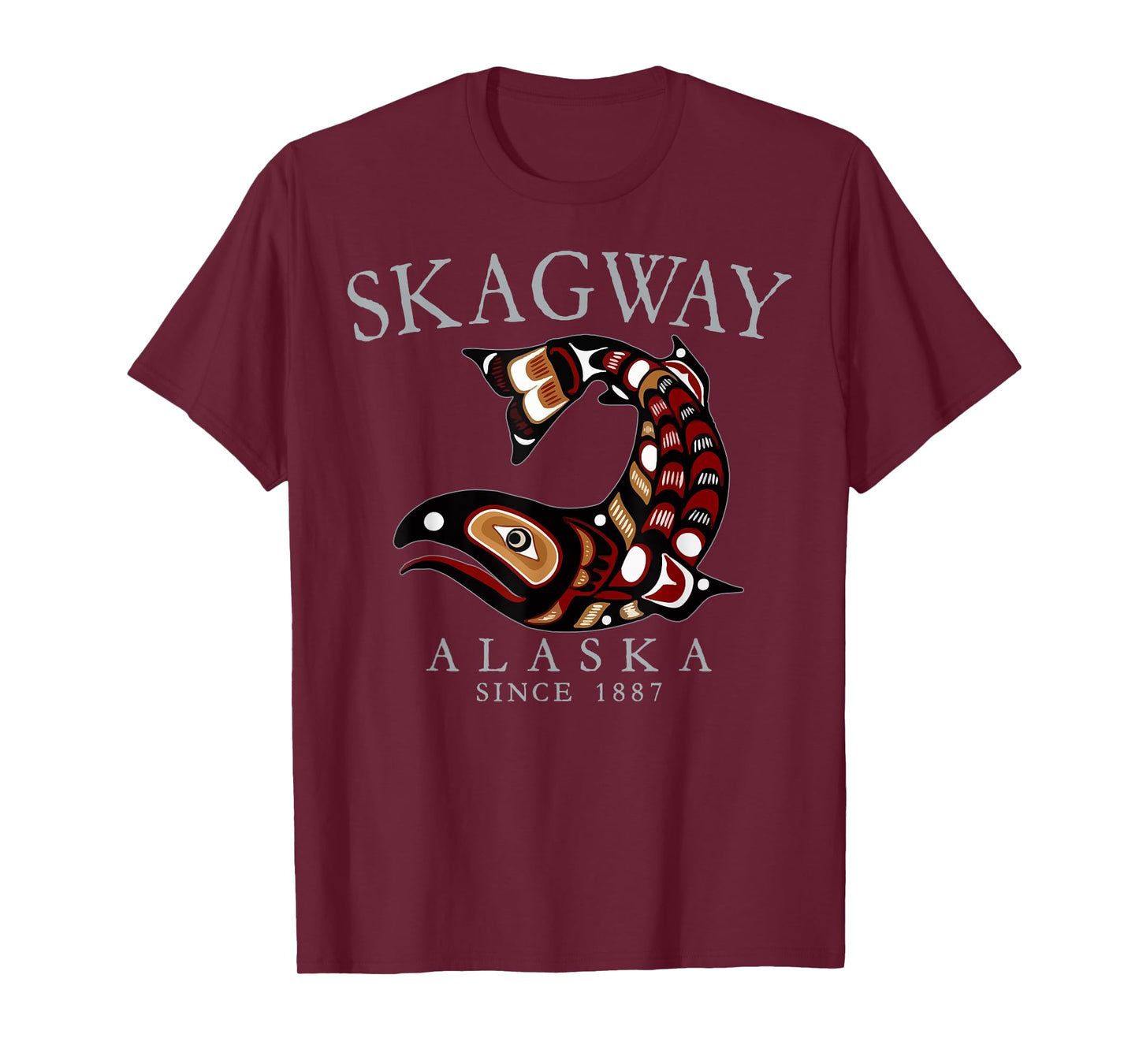 Skagway Alaska Tribal Art Salmon Since 1887 Grey Letters T-Shirt