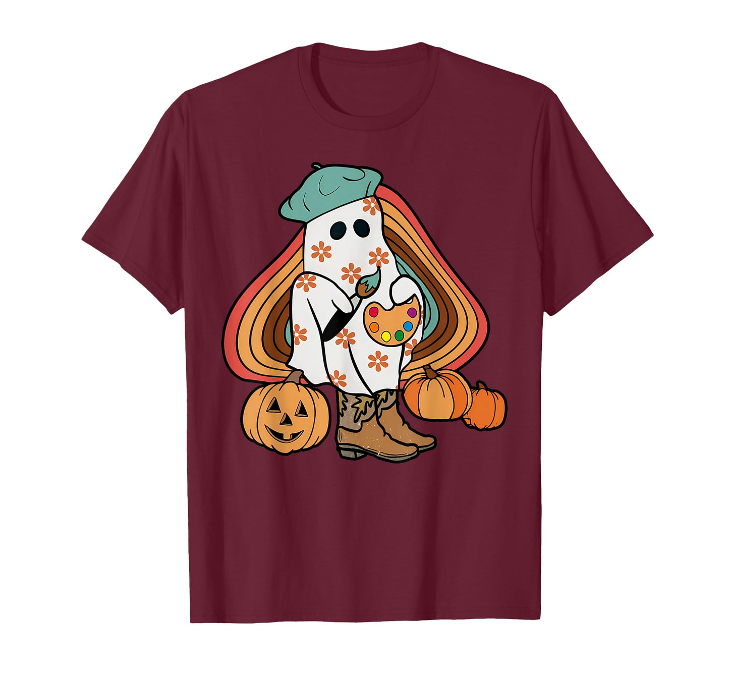 Art Teacher Painting Brushes Retro Pumpkin Ghost Artist T-Shirt