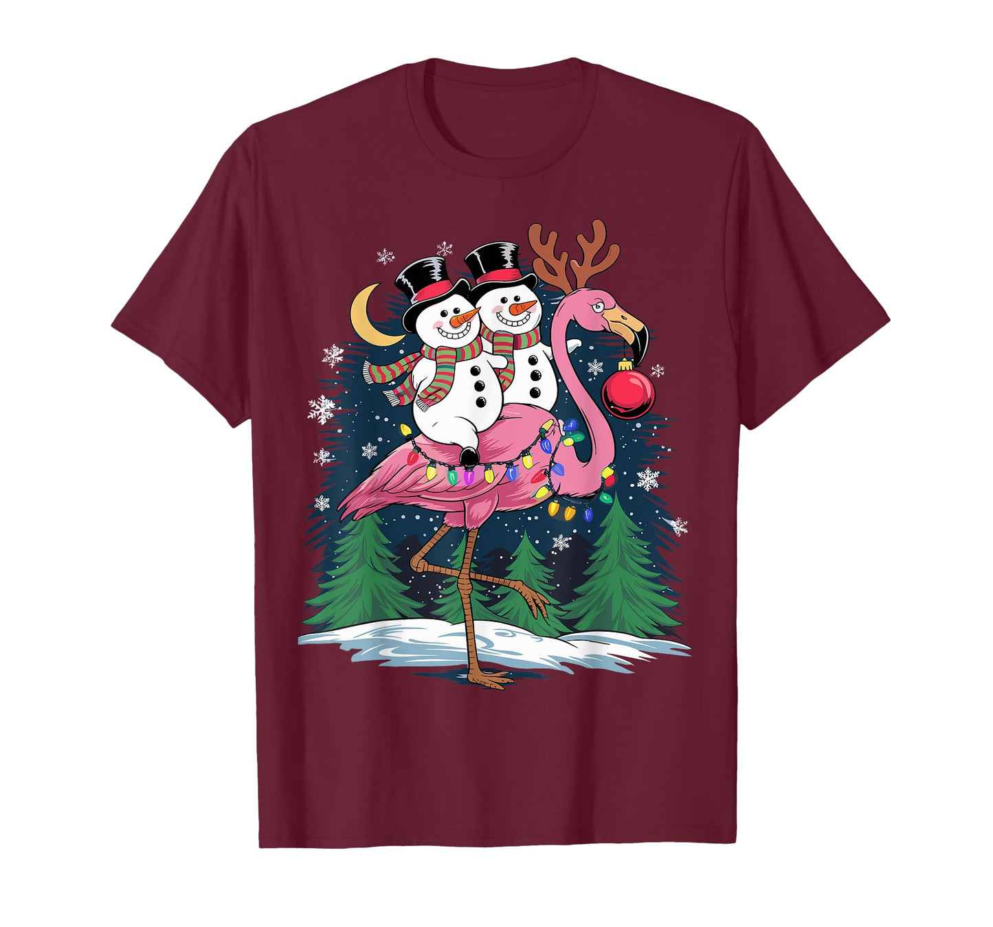 Christmas Snowman Riding Flamingo Xmas Girls Women T-Shirt
