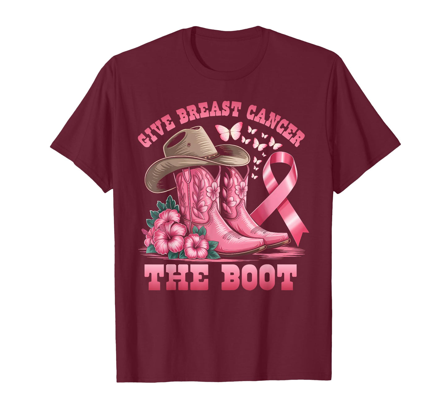 Give Breast Cancer The Boot Cowgirl Cancer Awareness Ribbon T-Shirt
