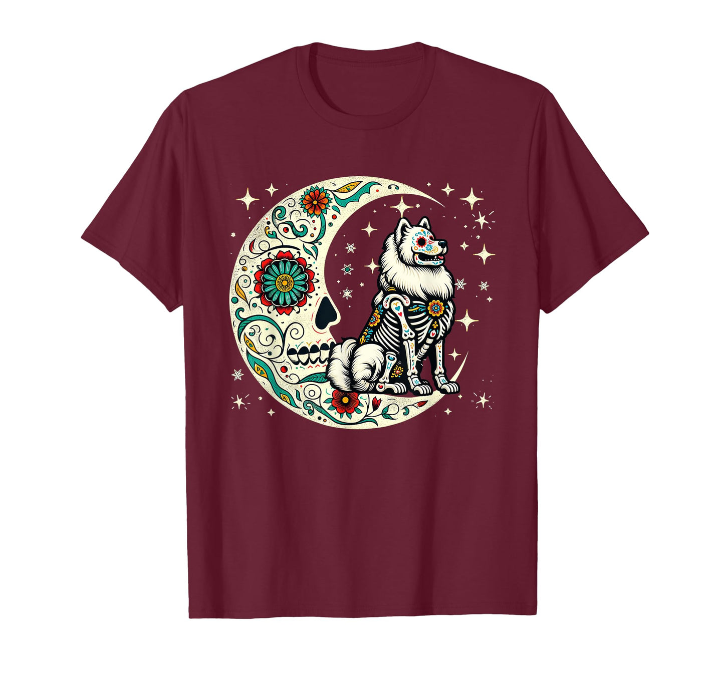 Dia De Los Muertos Halloween Moon Floral Skeleton Samoyed T-Shirt