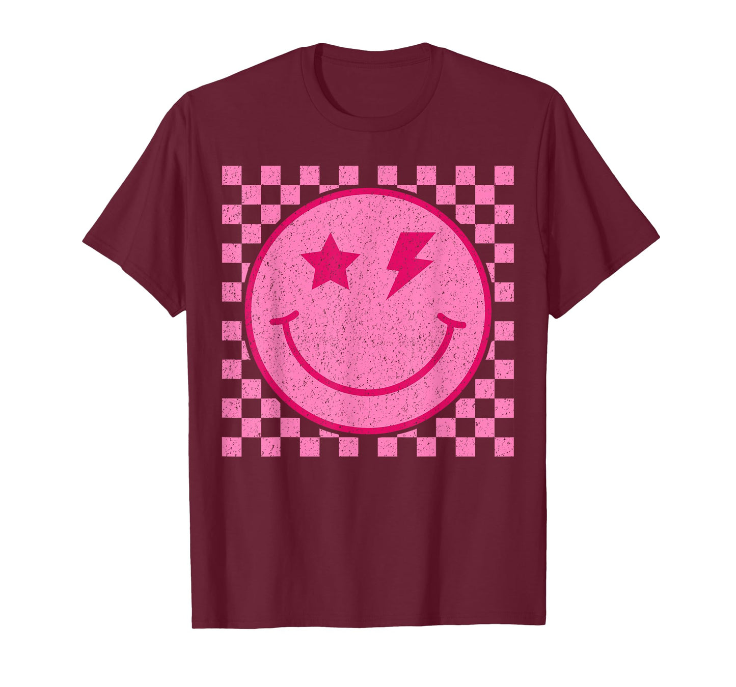 Retro Happy Face Distressed Checkered Pattern Smile Face T-Shirt