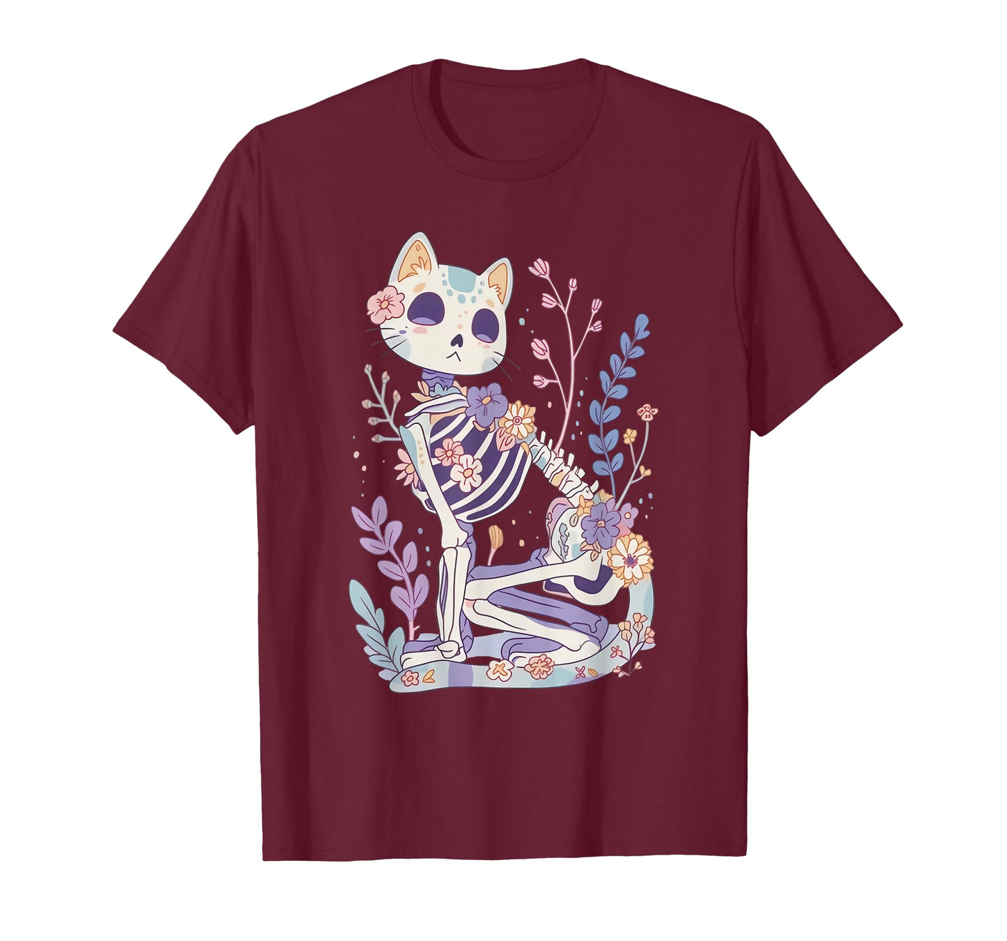 Kawaii Pastel Floral Goth Cute Creepy Cat Skeleton T-Shirt