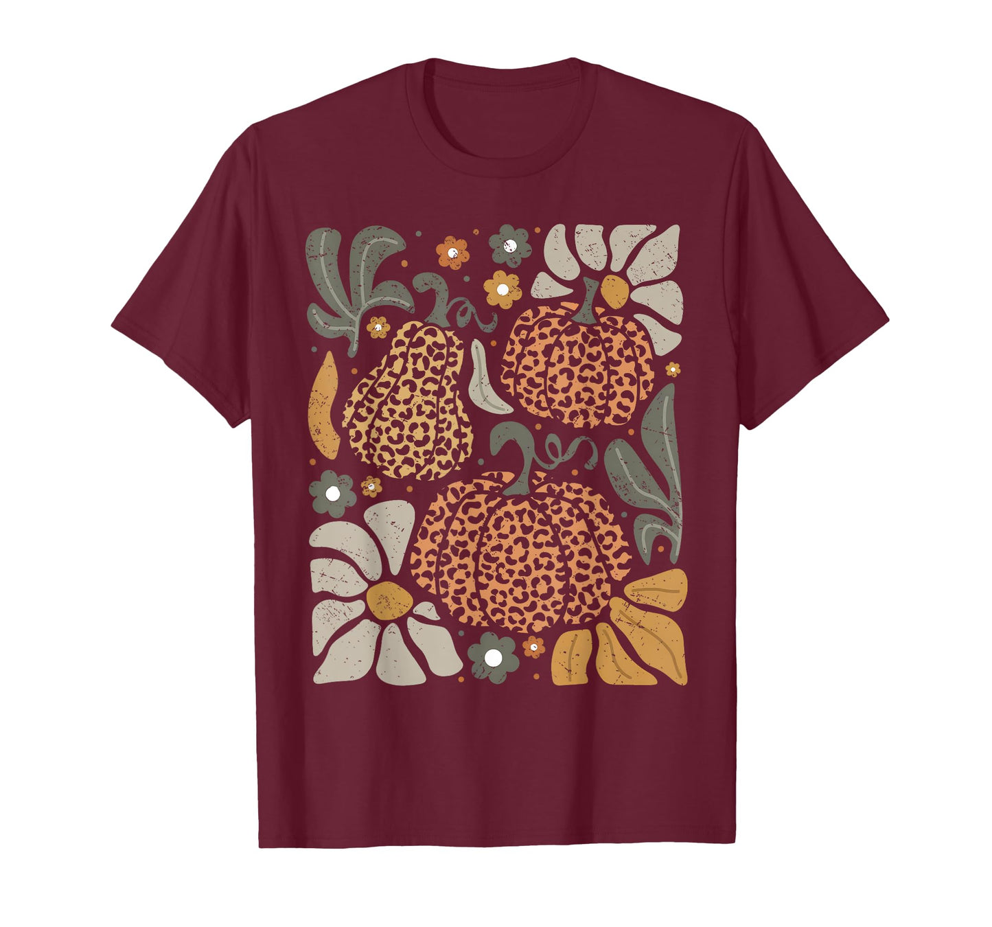 Leopard Pumpkin With Flowers Boho Floral Thanksgiving T-Shirt