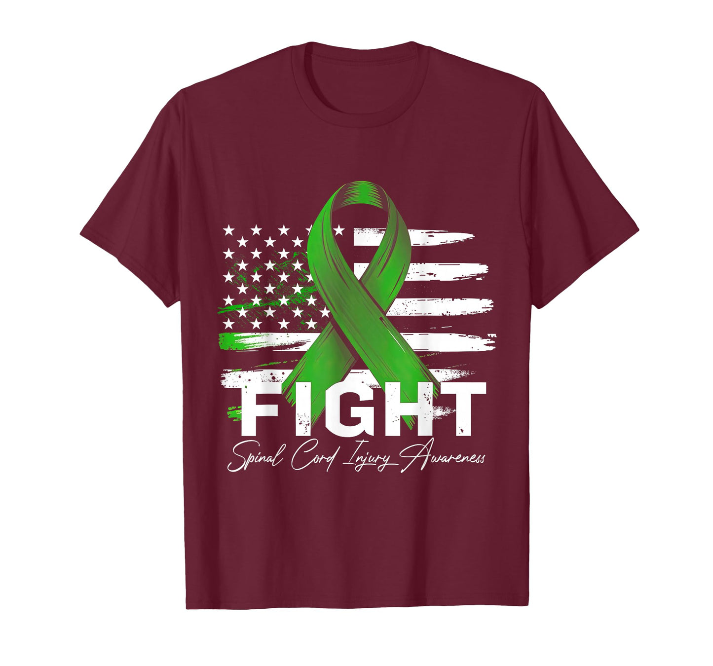 Fight Spinal Cord Injury Awareness Green Ribbon USA Flag T-Shirt
