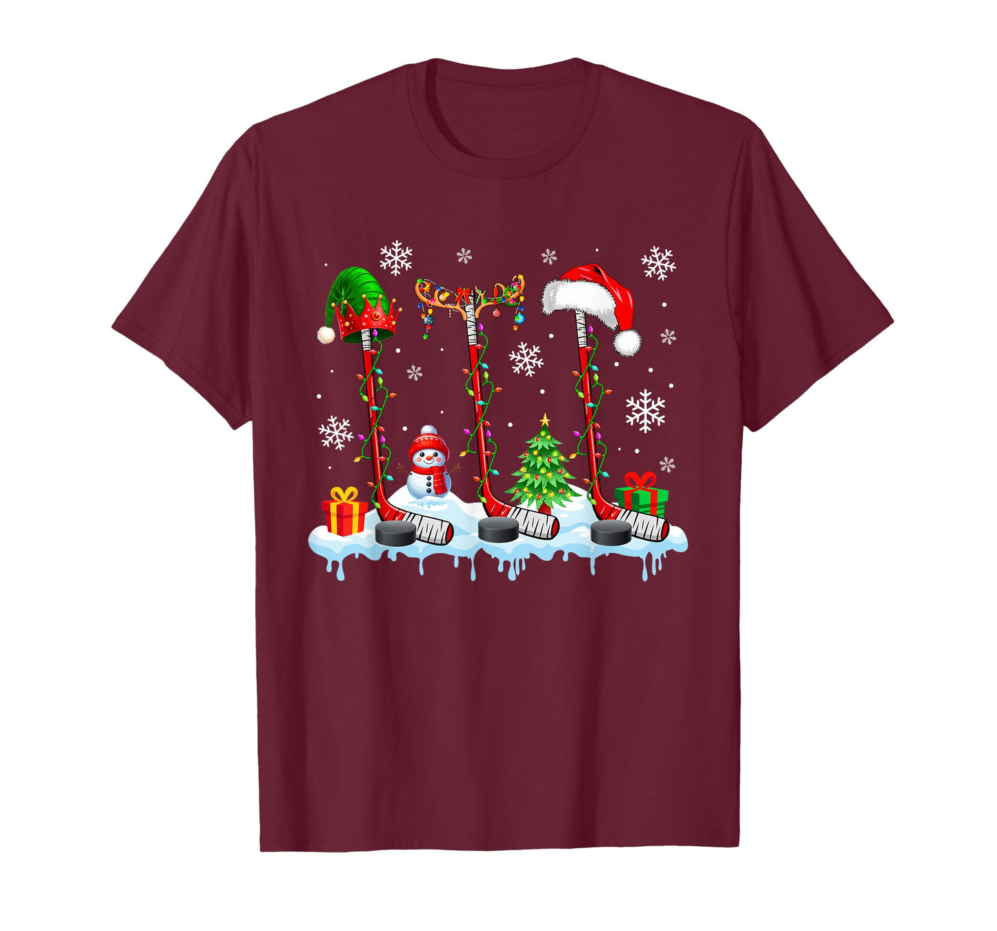 Three Elf Santa Reindeer Hockey Equipments Xmas Player Team T-Shirt
