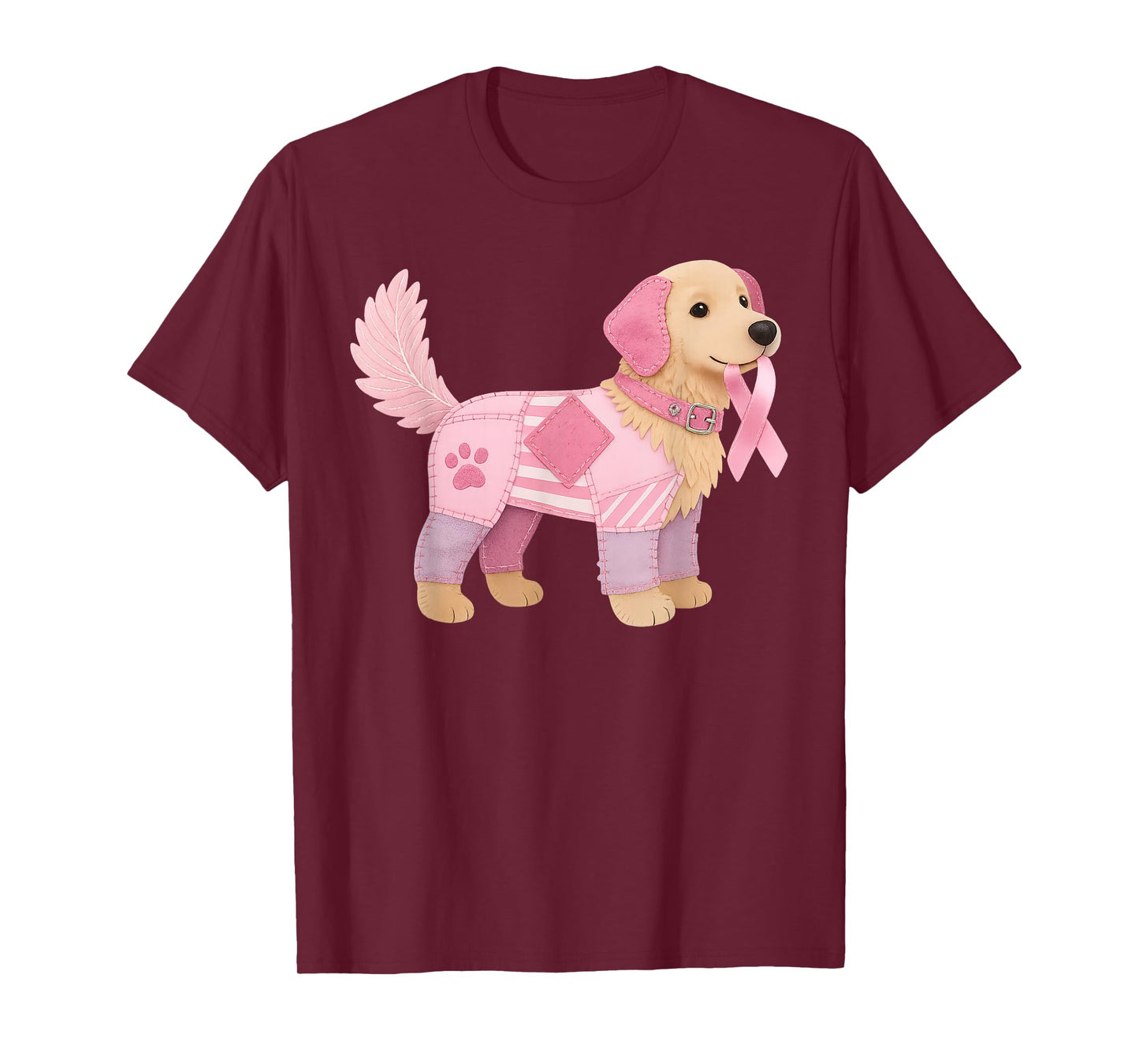 Patchwork Dog Pink Ribbon Breast Cancer Awareness Support T-Shirt