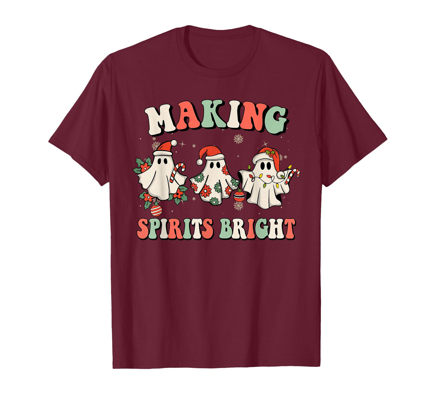 Retro Groovy Christmas Ghost Making Spirits Bright Pajamas T-Shirt