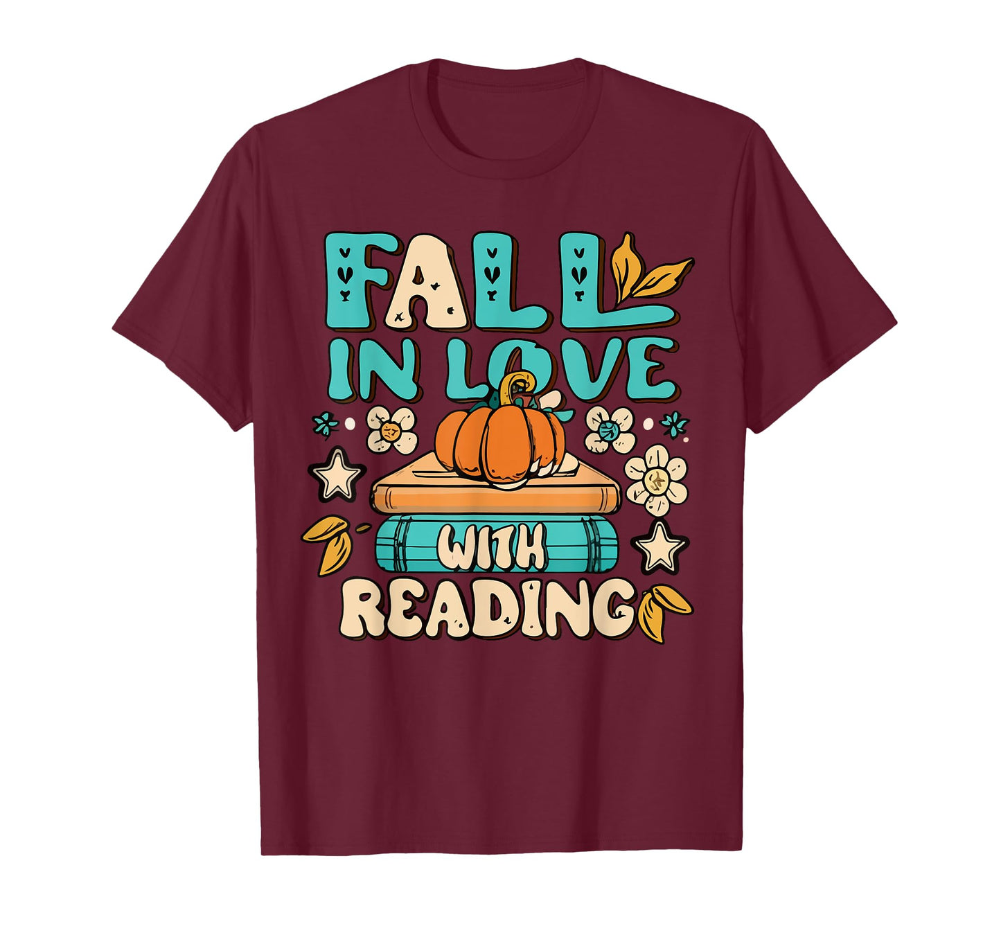 Fall In Love With Reading Book Autumn Pumpkins And Teachers T-Shirt for Men Women Kids