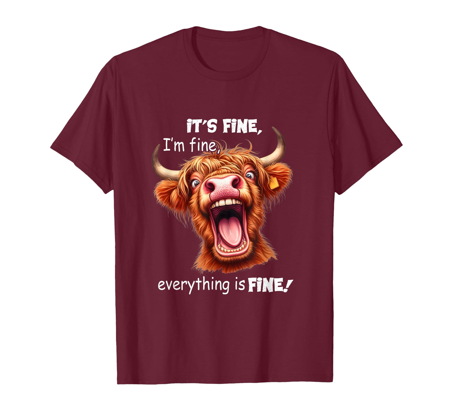 Funny Highland Cow It's Fine I'm Fine Everything Is Fine T-Shirt, Small, Black