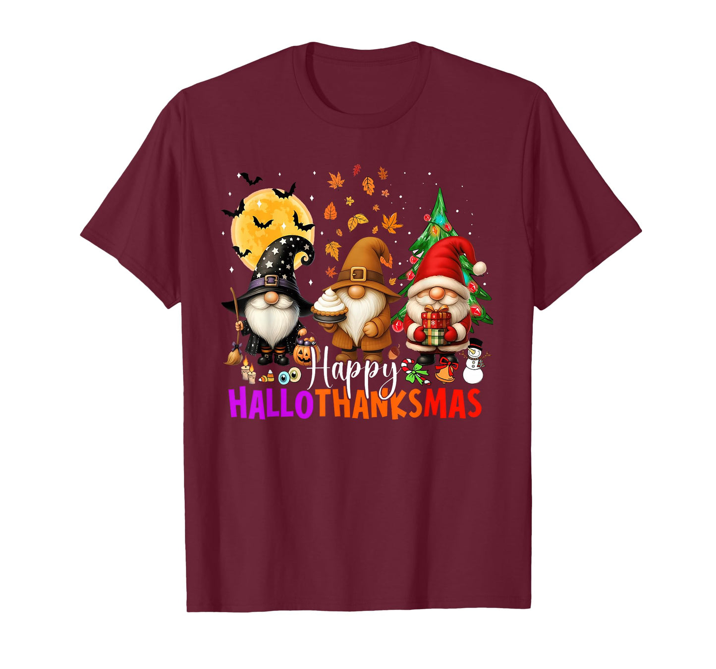 Happy HalloThanksMas Gnomes Halloween Thanksgiving Christmas T-Shirt