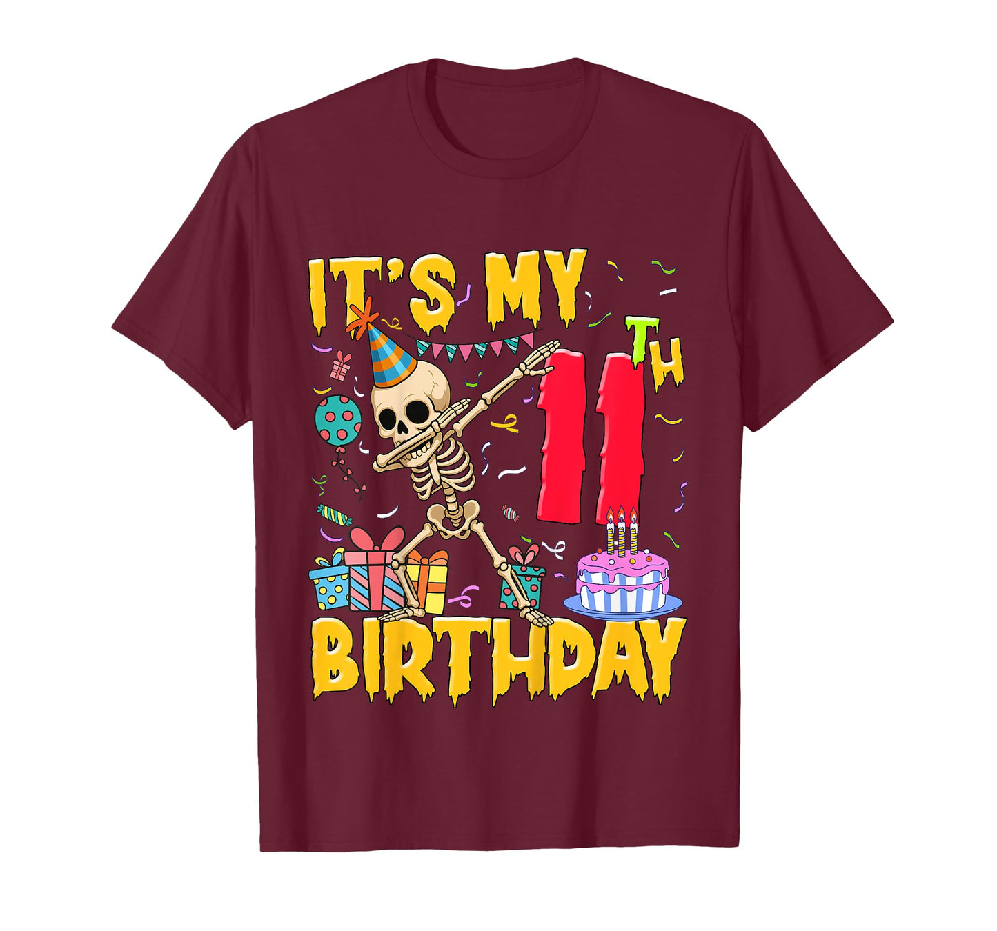 Kids It's My 11th Birthday Party Halloween Skeleton Birthday T-Shirt