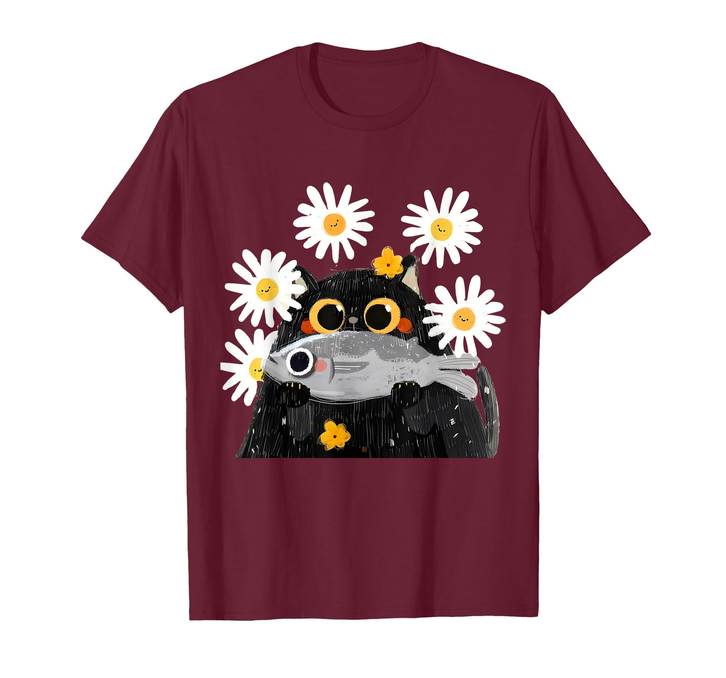 Cute Cat Holding Fish Cat Fish Lover Floral Cat Funny Kitty T-Shirt