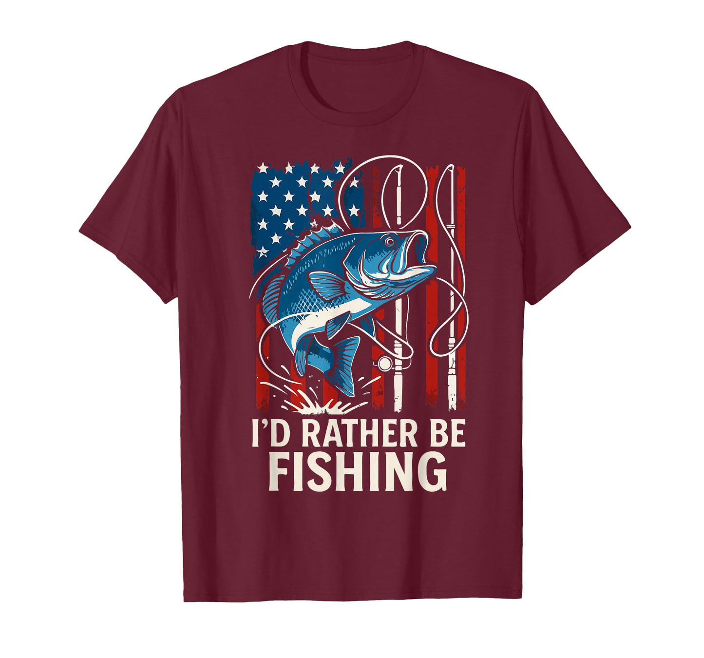 Youth Boy Id Rather Be Fishing Pole American Flag Bass Fish T-Shirt