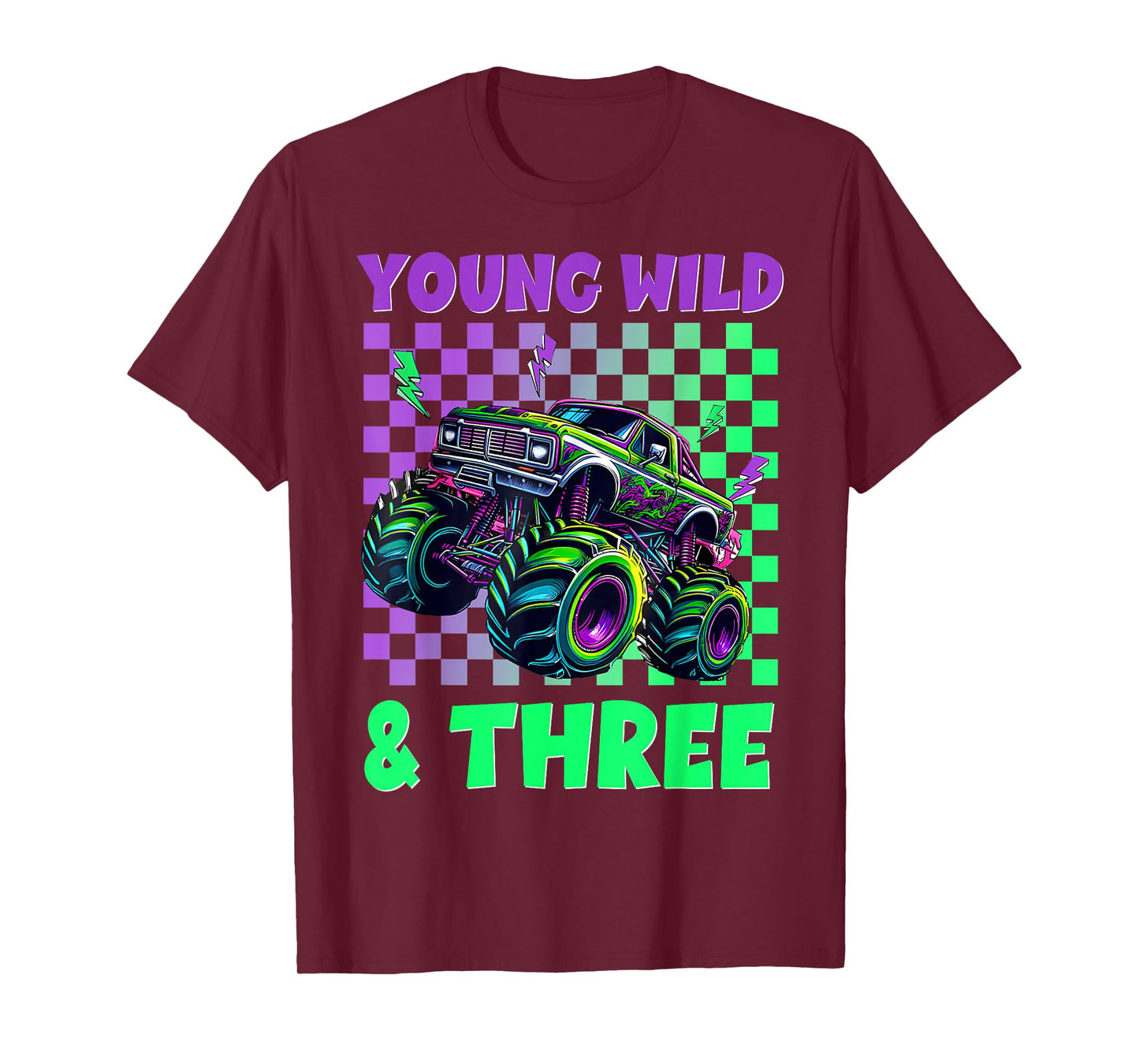 Kids 3rd Birthday Boy Monster Truck Young Wild And Three T-Shirt