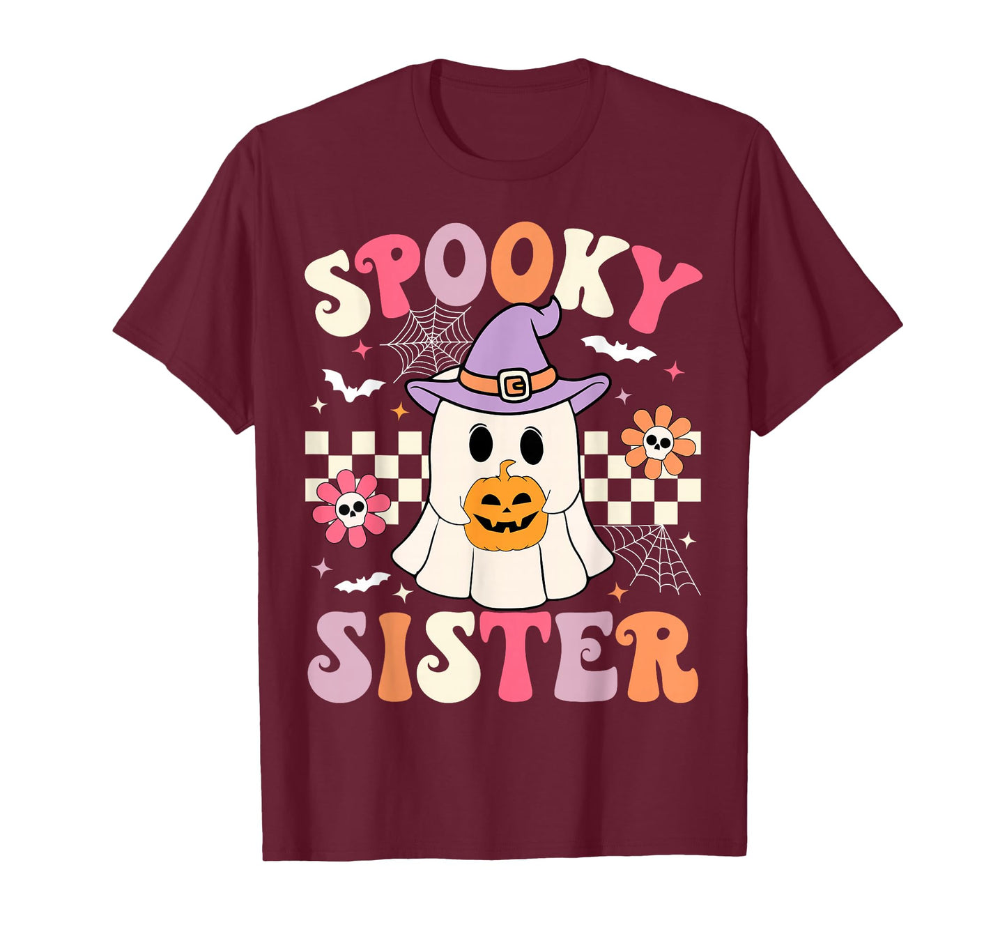 Groovy Spooky Sister Retro Ghost Holding Pumpkin Halloween T-Shirt