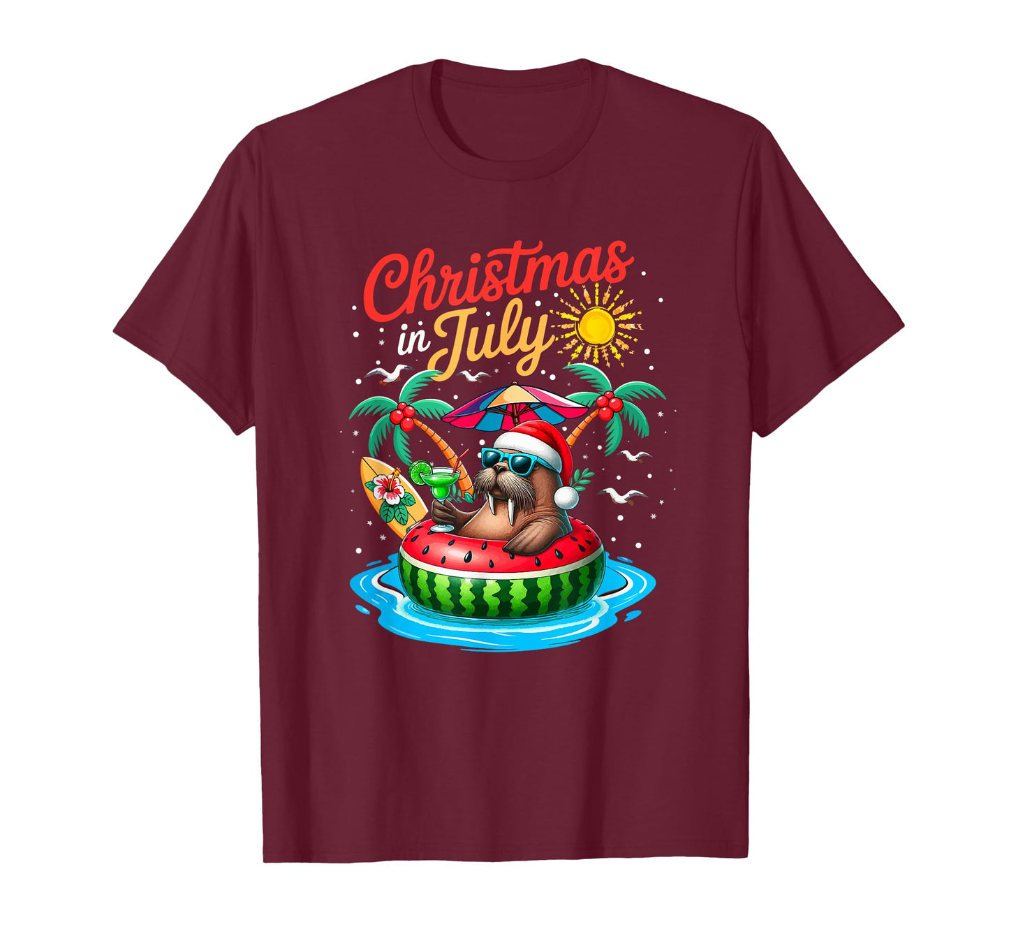 Christmas In July Santa Walrus Sunglasses Relaxing On Beach T-Shirt