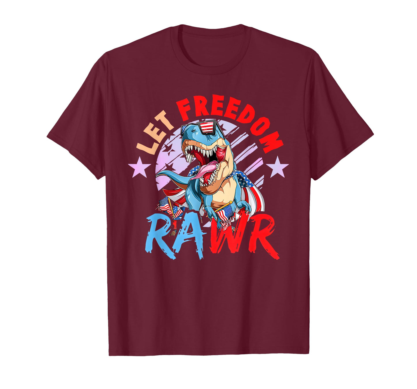 Let Freedom Groovy Rawr Dinosaur Patriotic 4th Of July Kids T-Shirt