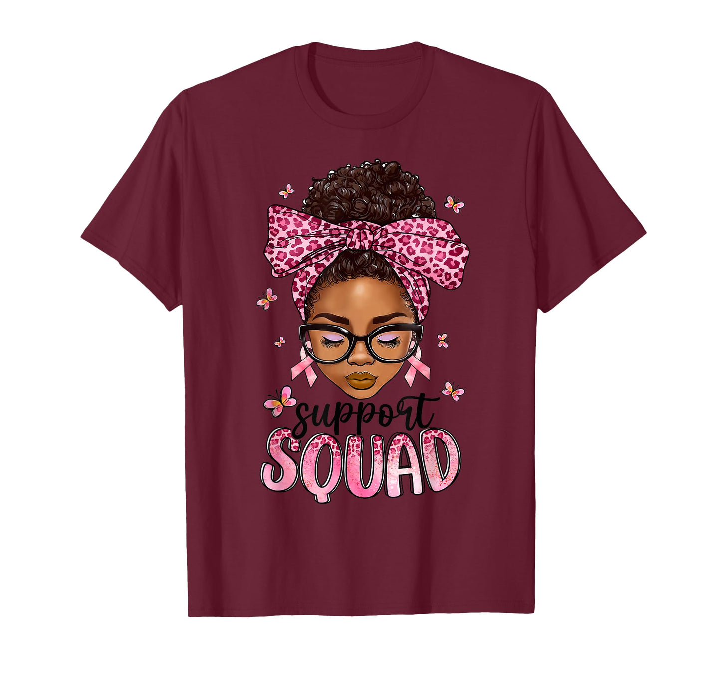 Support Squad Breast Cancer Awareness Messy Bun Black Woman T-Shirt