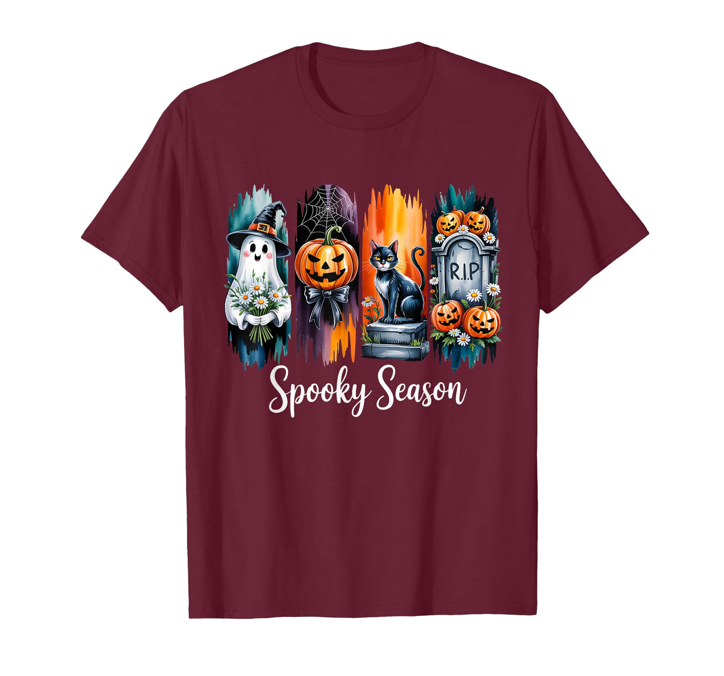 Retro Halloween Floral Ghost Pumpkin Black Cat Spooky Season T-Shirt