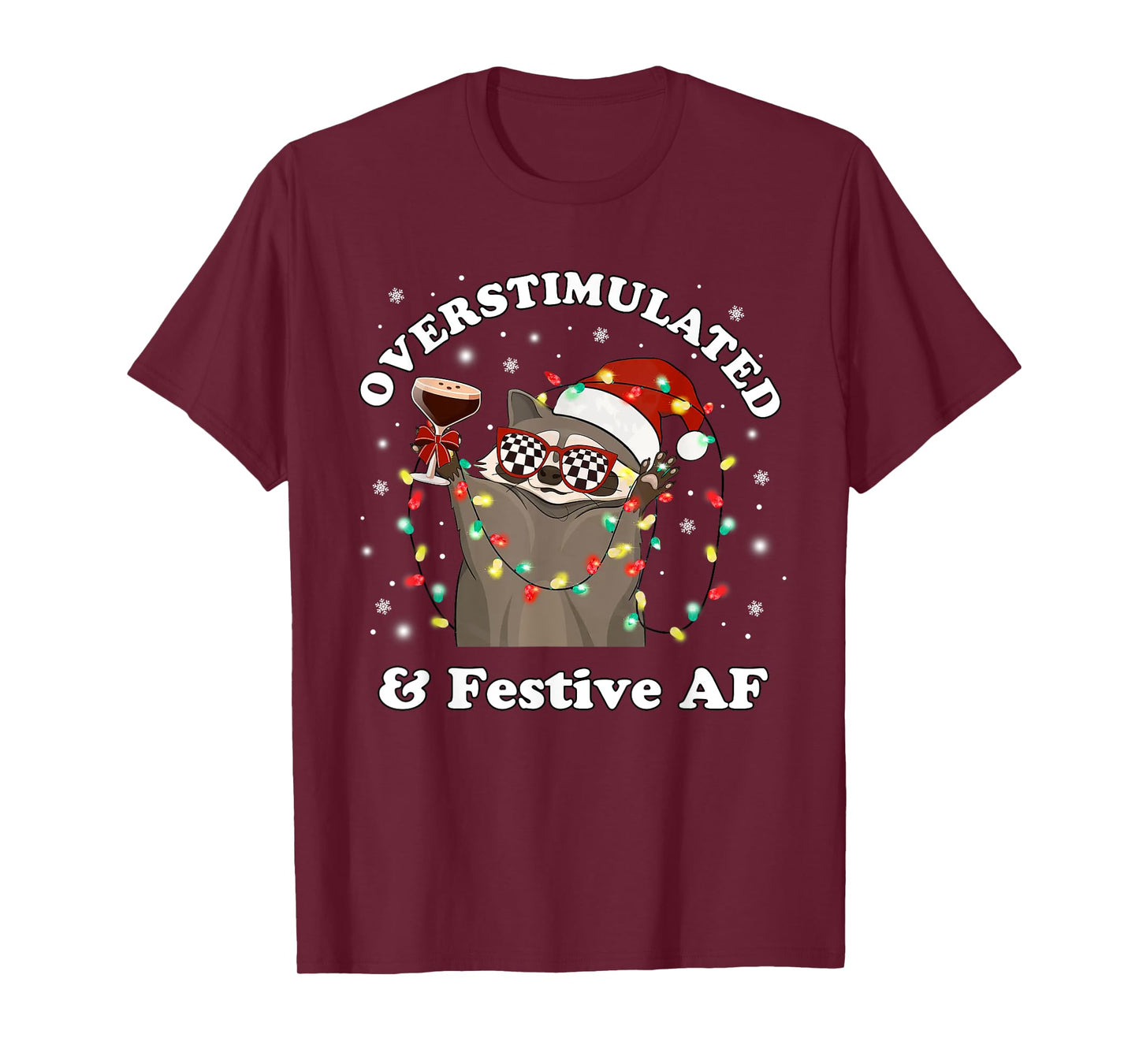 Overstimulated & Festive AF Raccoon Christmas Martini Bow T-Shirt