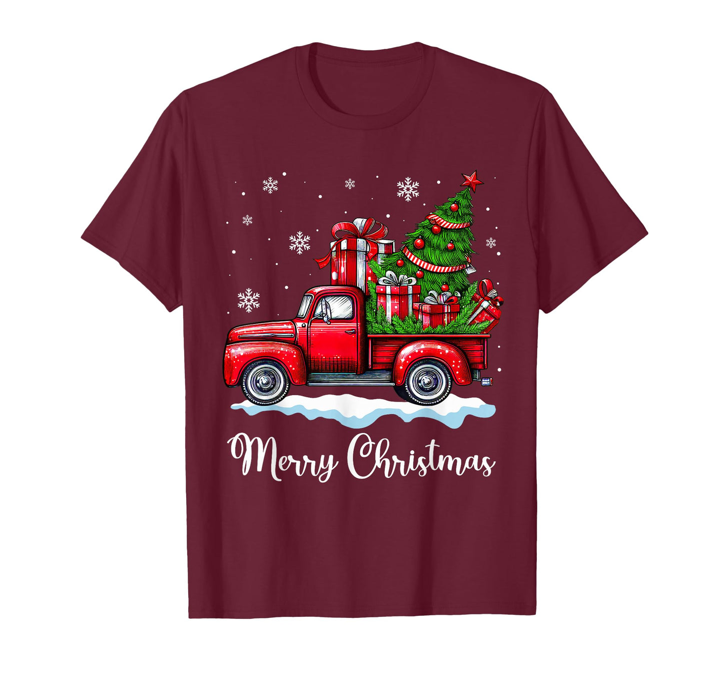 Vintage Merry Christmas Red Truck Funny Xmas Tree Boys Men T-Shirt