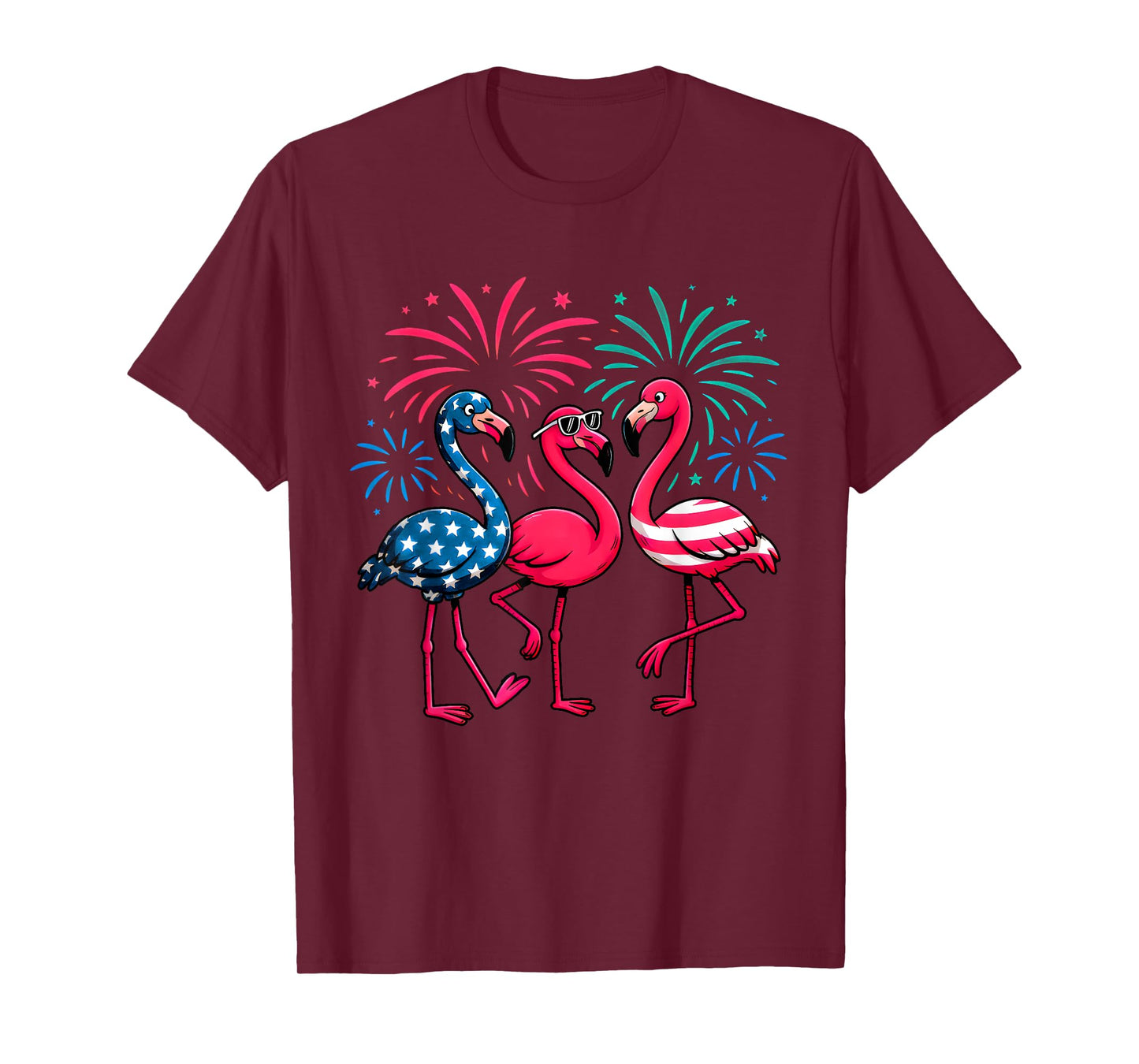 Flamingos And Fireworks Red White Blue 4th Of July American T-Shirt