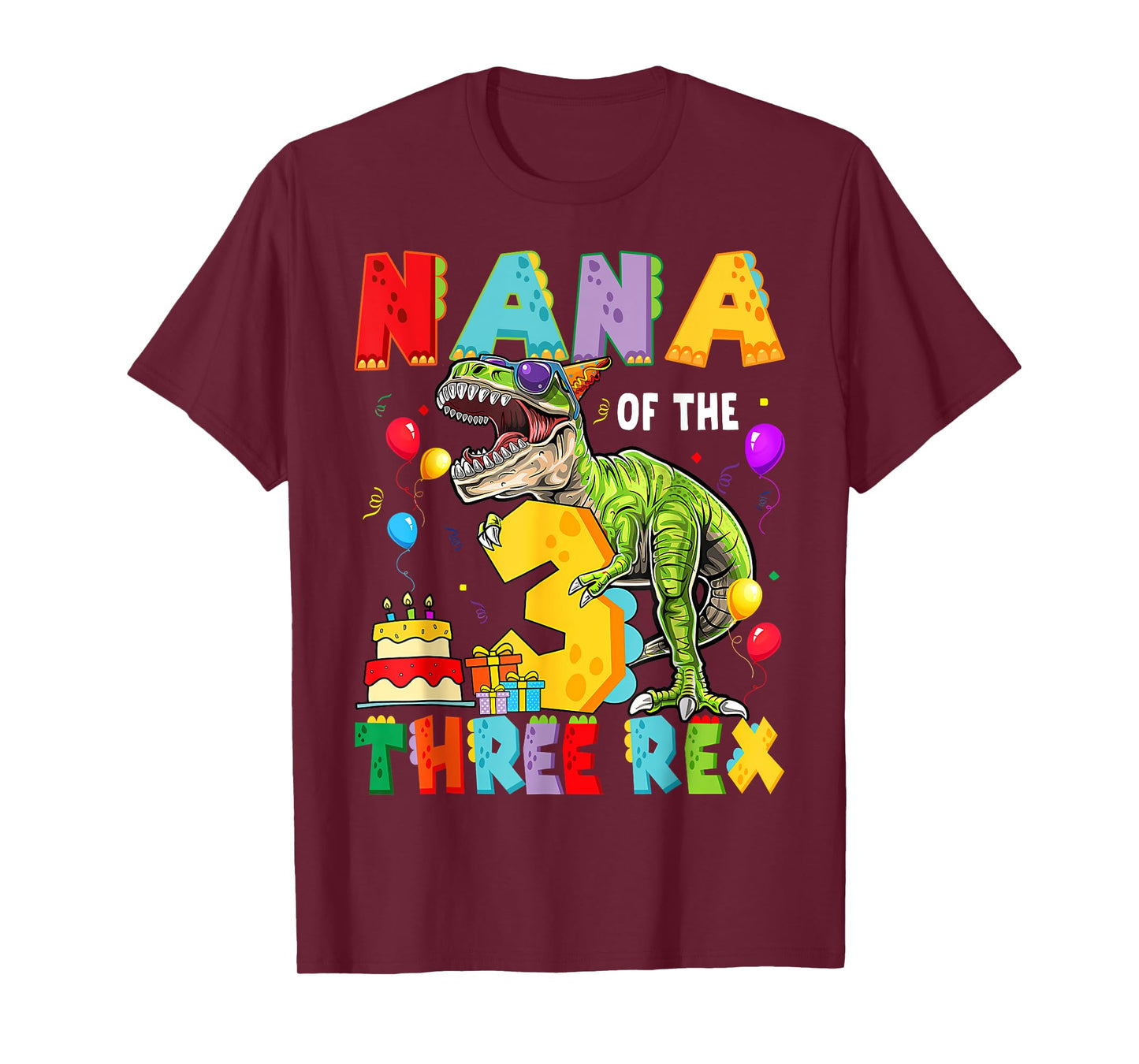 Nana Of The Three Rex 3Rd Birthday Boy Dinosaur T-Rex T-Shirt