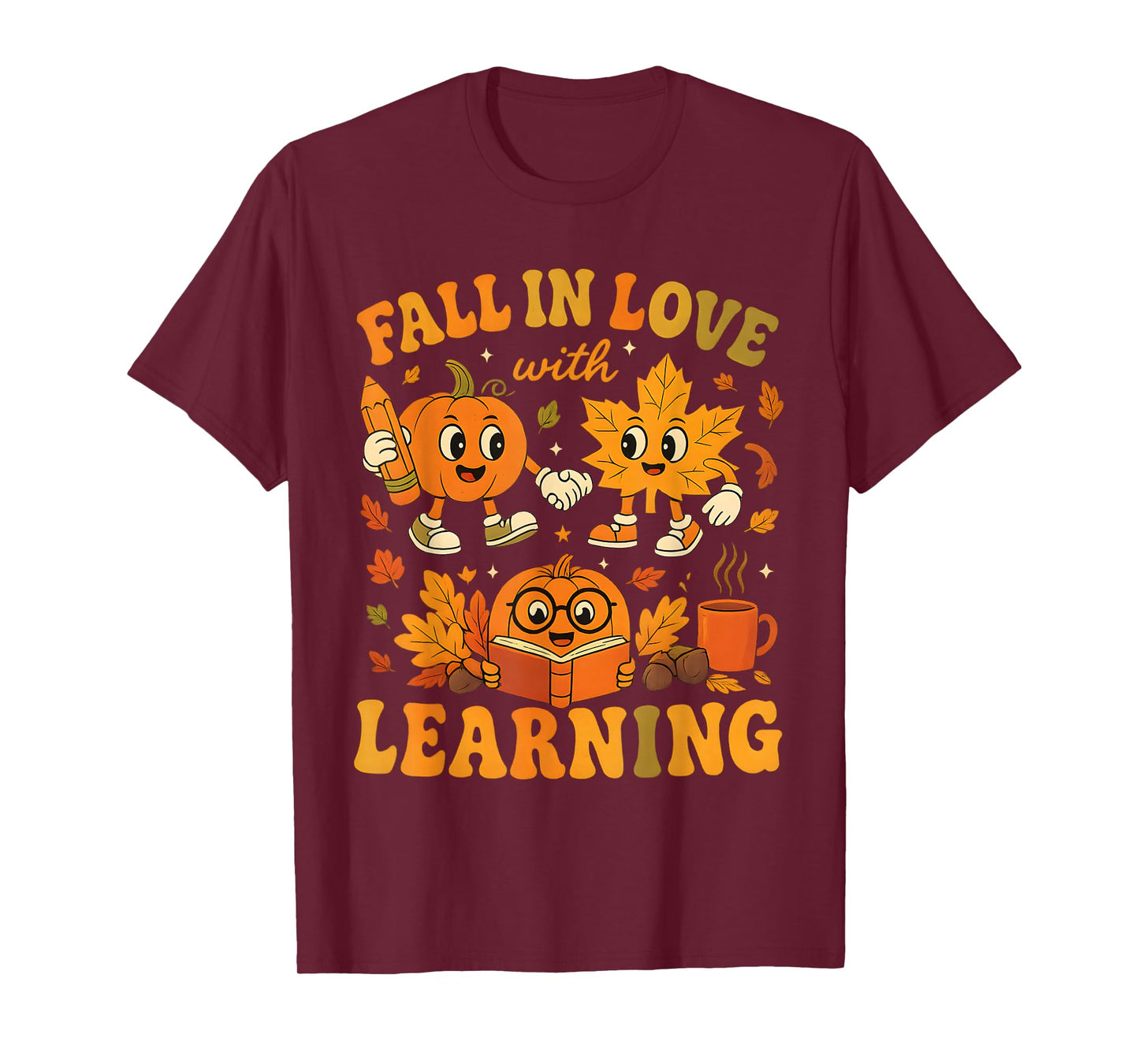 Retro Fall in Love with Learning Autumn Thanksgiving Teacher T-Shirt