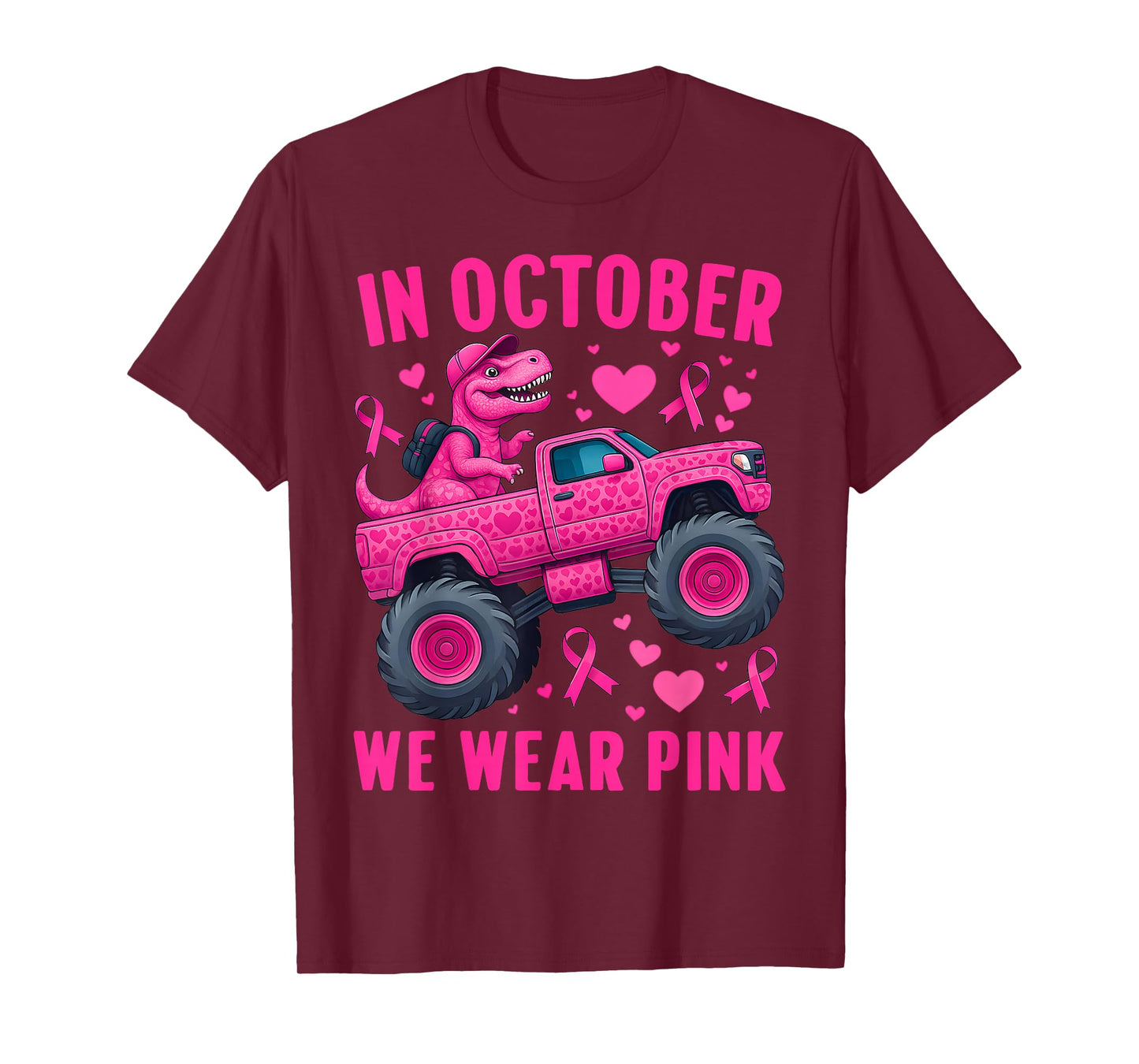 in October We Wear Pink T-rex Monster Truck Kids Boys Girls T-Shirt