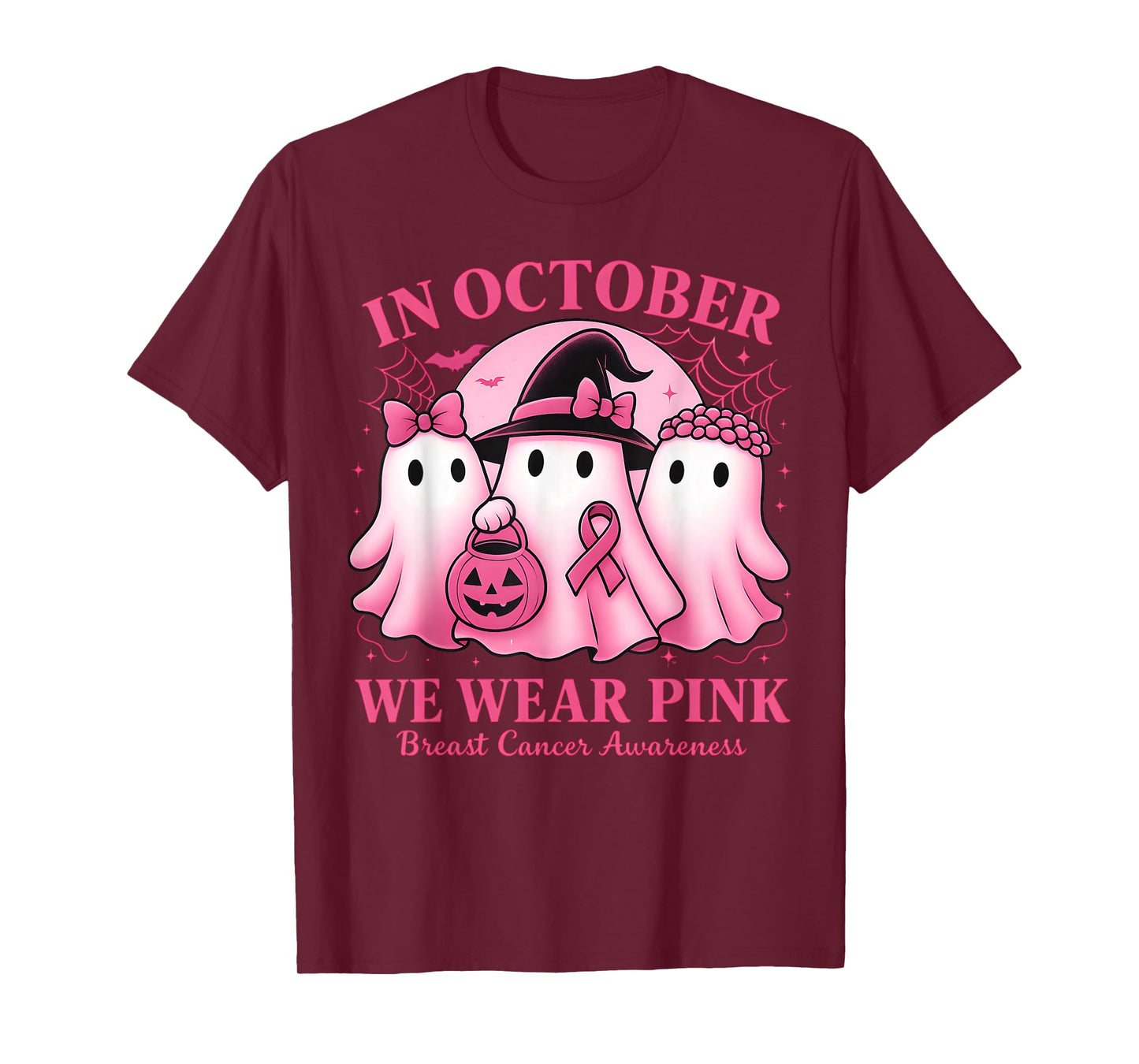 in October We Wear Pink Ghost Halloween Women Breast Cancer T-Shirt