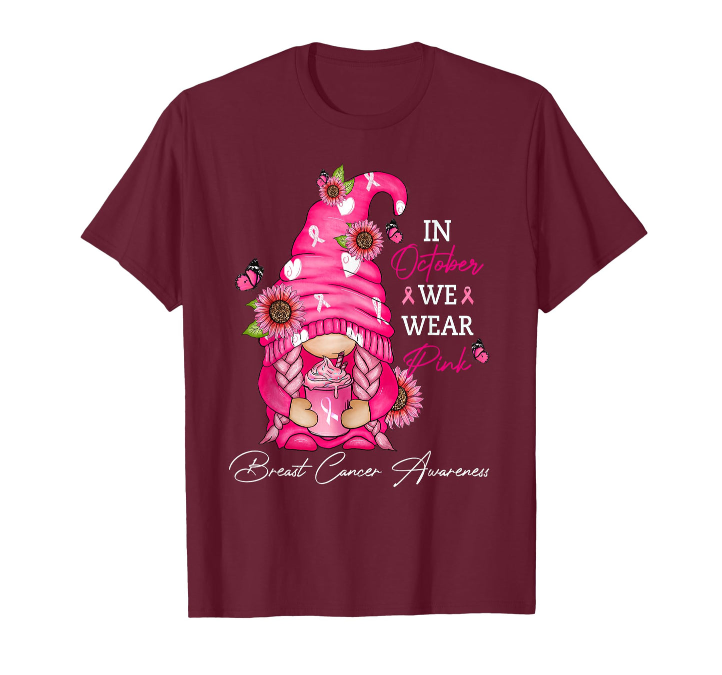 In October We Wear Pink Ribbon Breast Cancer Funny Gnome T-Shirt