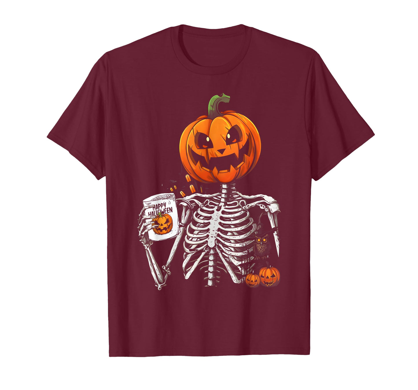 Coffee Drinking Skeleton Pumpkin Halloween Costume Women Men T-Shirt