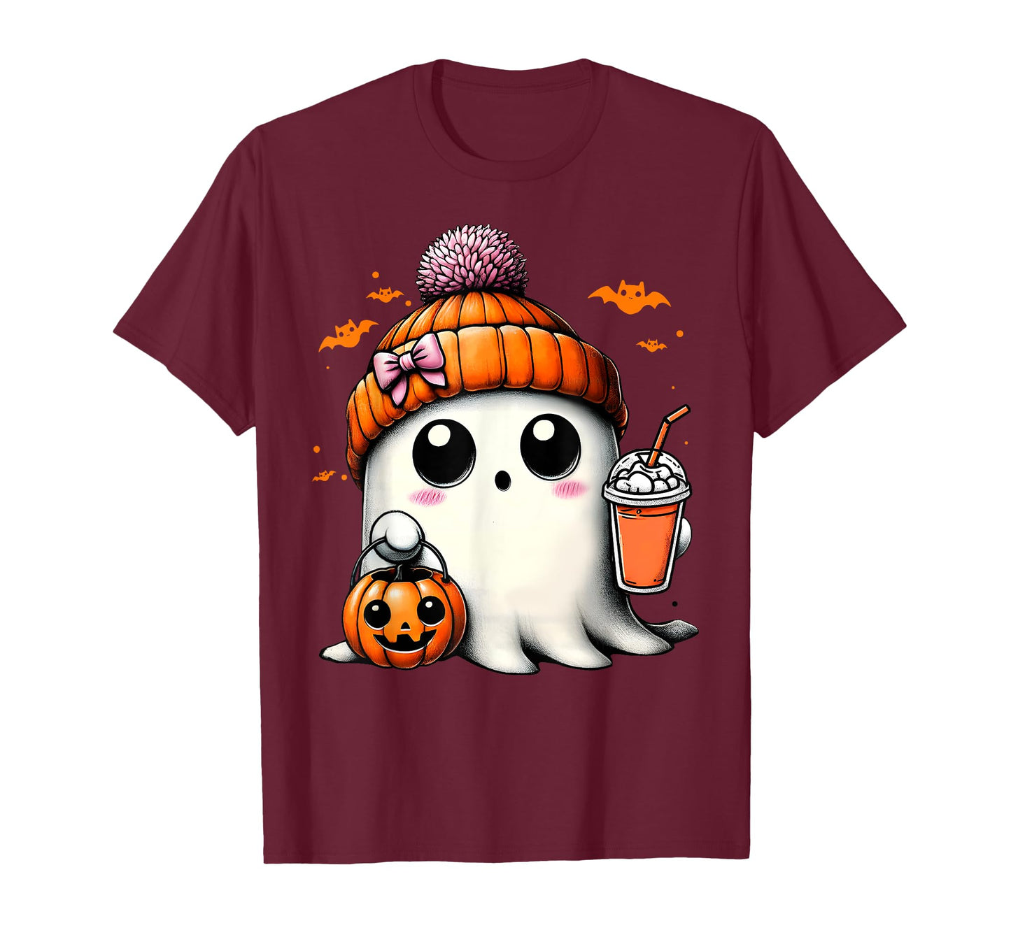 Cute Ghost Drinking Coffee Halloween Ghost Ice Coffee Womens T-Shirt