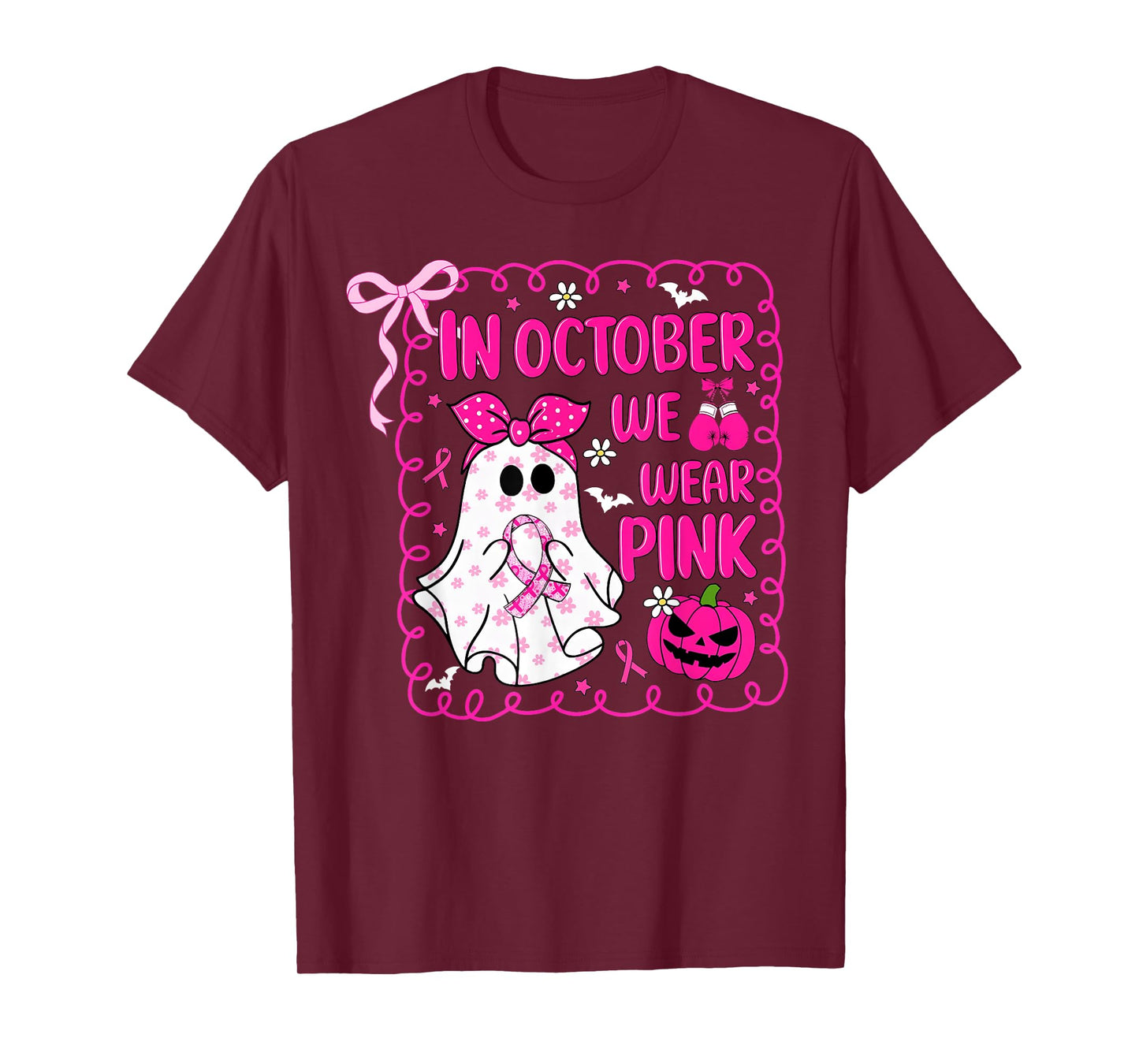 in October We Wear Pink Bow Ghost Breast Cancer Awareness T-Shirt