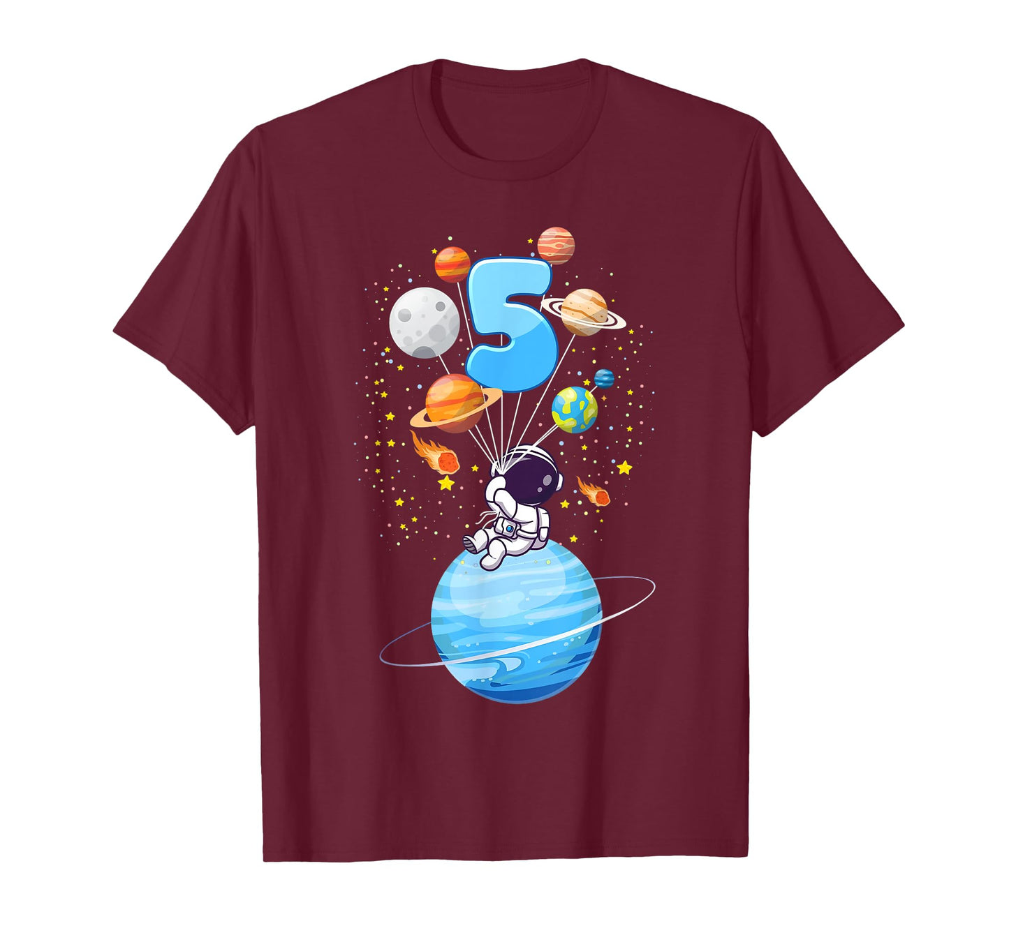Kids 5 Year Old Astronaut Balloon Planets 5th Birthday Boy T-Shirt