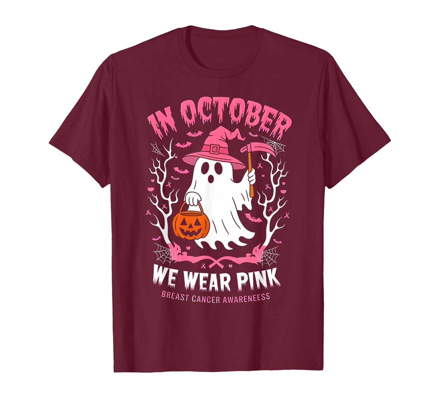 in October We Wear Pink Ghost Witch Breast Cancer Awareness T-Shirt
