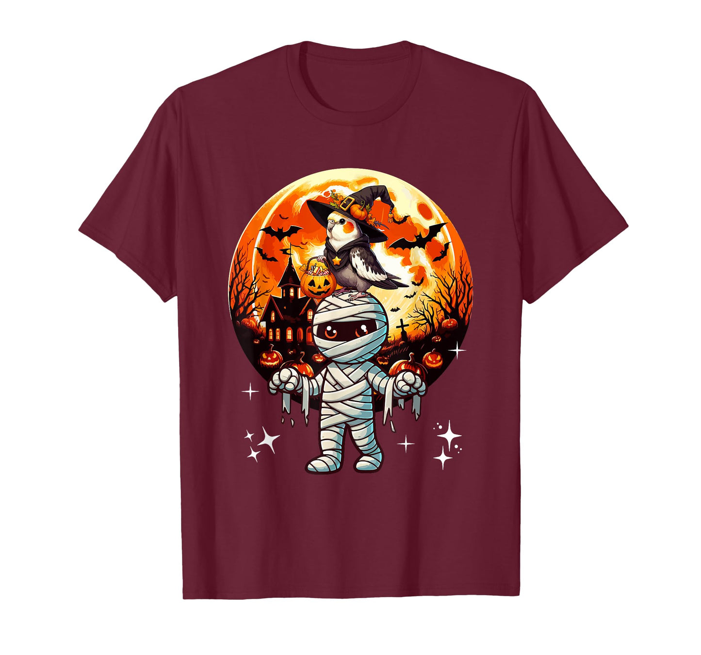 Cockatiel As Witch On Mummy Halloween Candies Basket Pumpkin T-Shirt