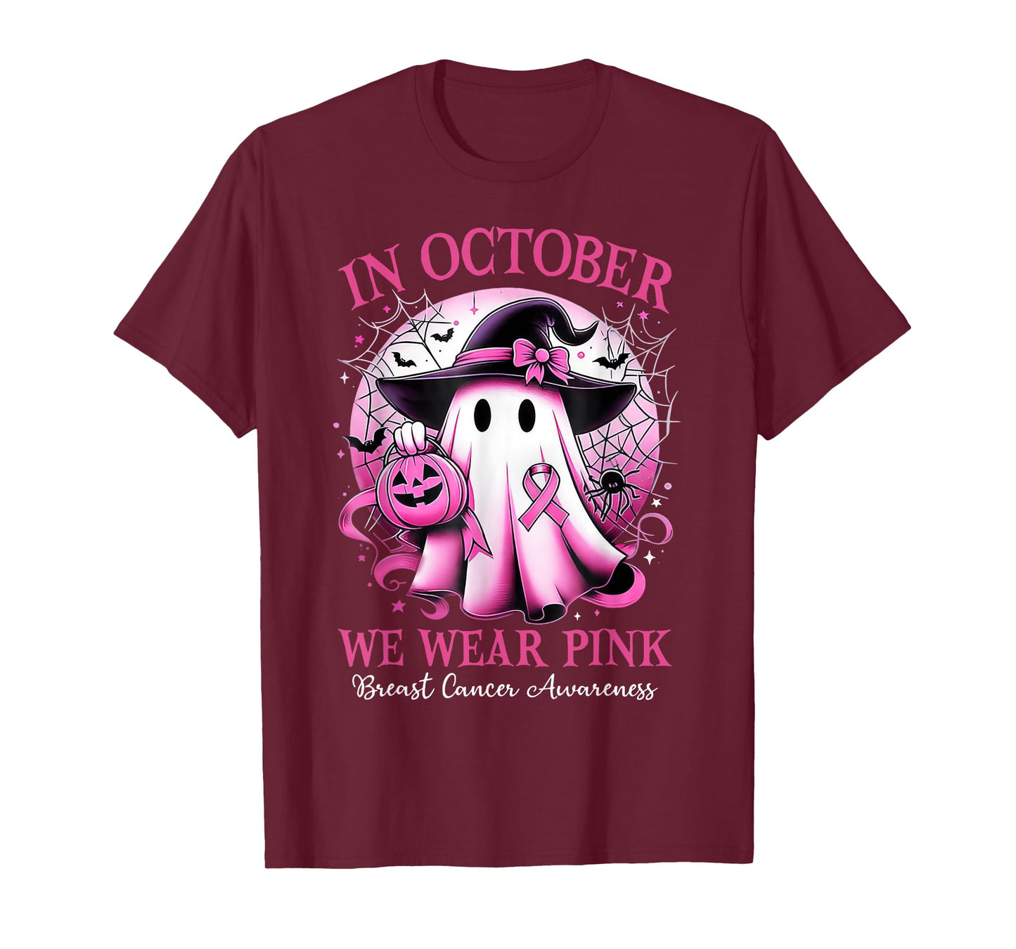 In October We Wear Pink Witch Ghost Breast Cancer Awareness T-Shirt