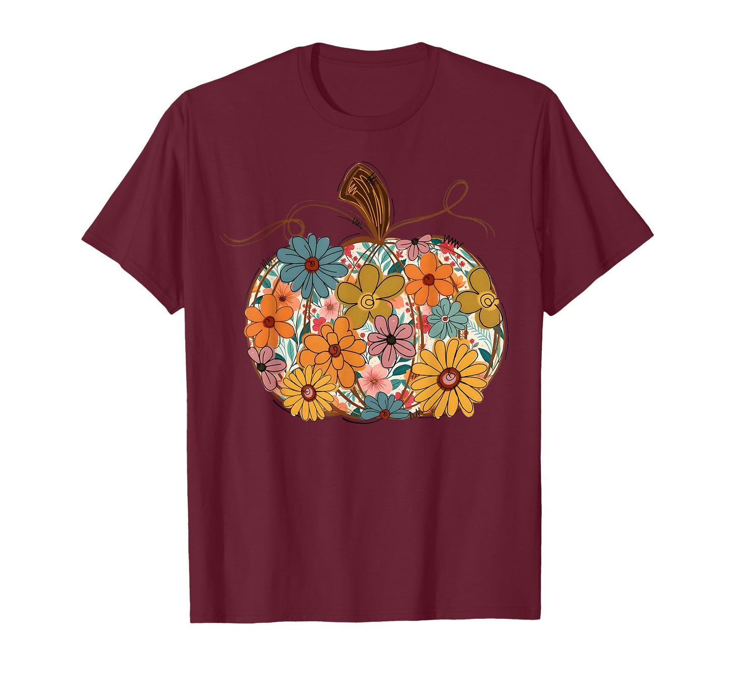 Pumpkin Floral Autumn Fall Season Wildflower Thanksgiving T-Shirt