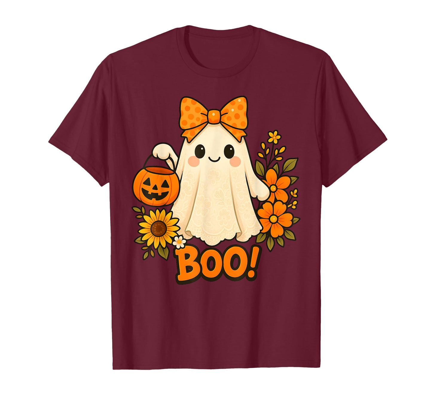 Retro Floral Boo Ghost Pumpkin Bow Halloween Women Kids T-Shirt