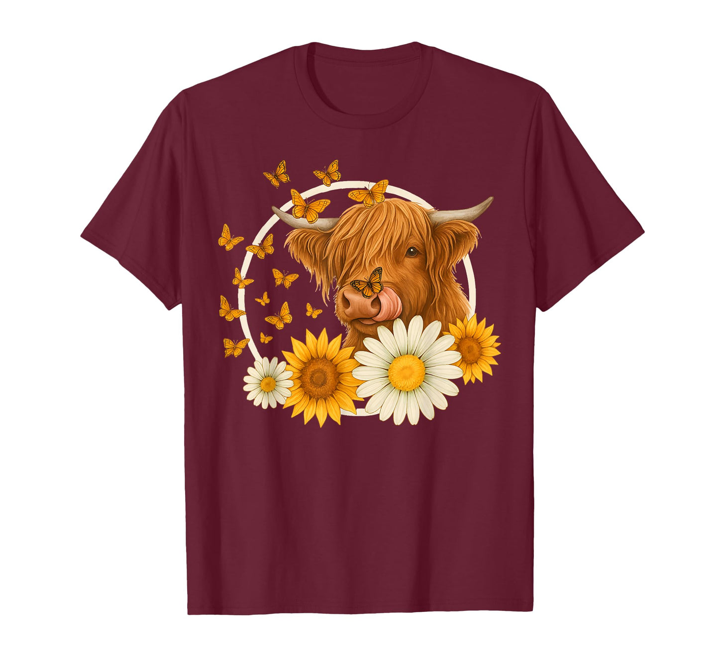 Highland Cow With Sunflowers and Butterflies Farm Animal T-Shirt