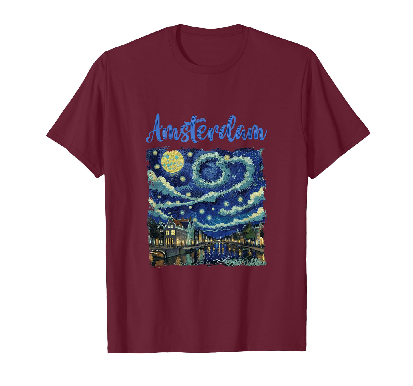 Vintage Amsterdam Canal Street At Night Van Gogh Art Style T-Shirt