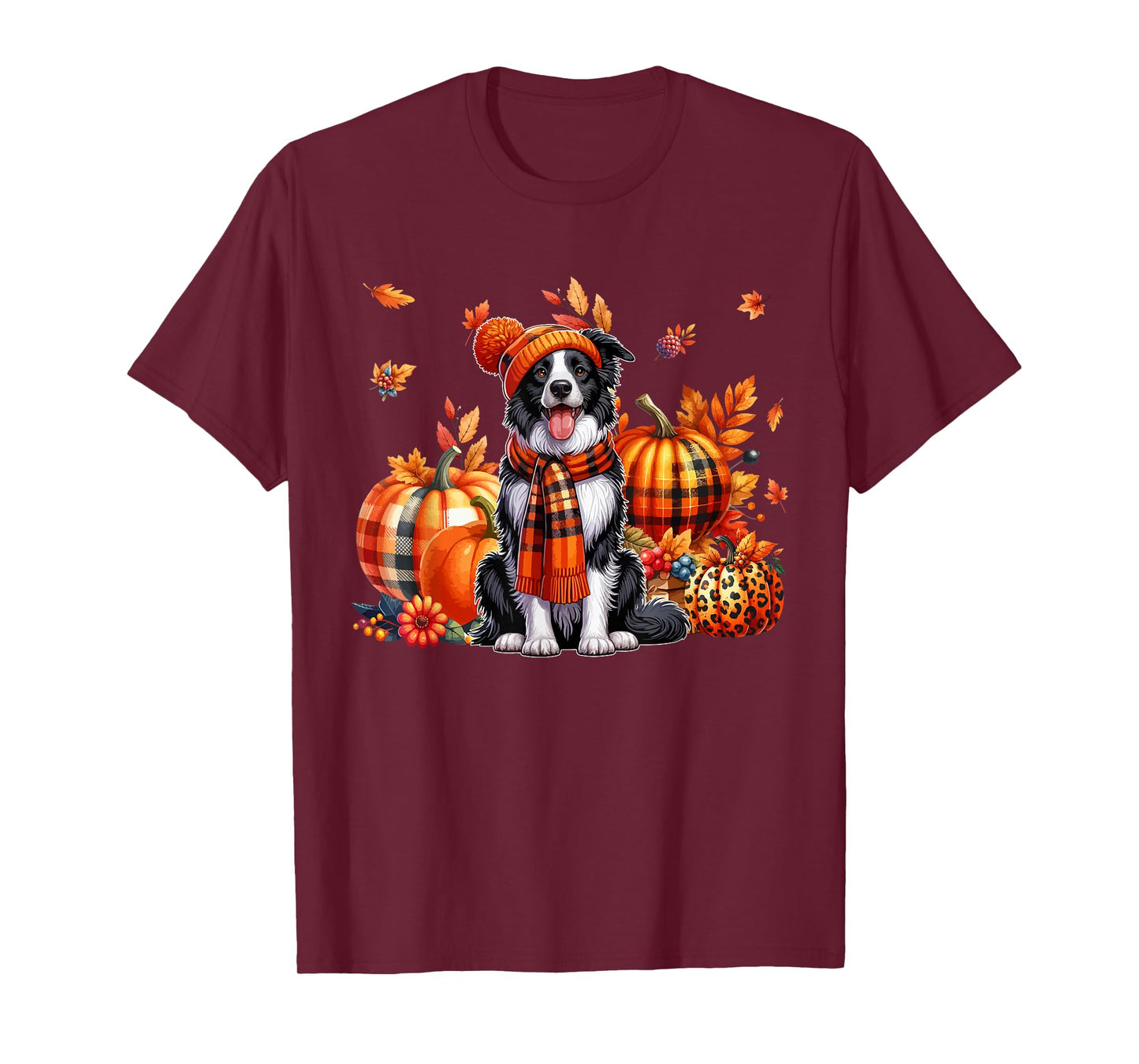 Border Collie Thanksgiving Leopard Pumpkins Fall Leaves T-Shirt