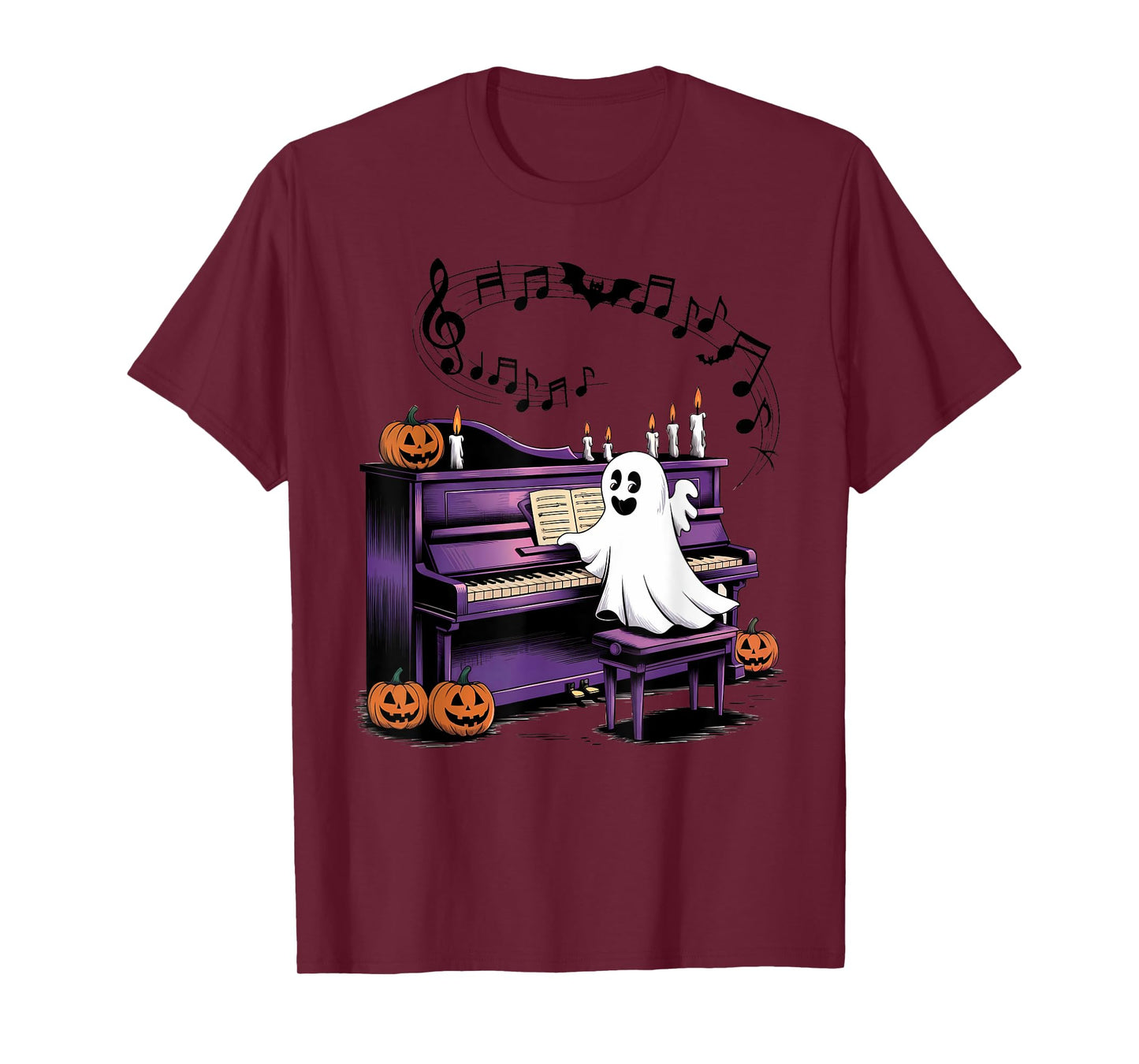 Spooky Halloween Ghost Playing Piano Pianist Musical Lovers T-Shirt
