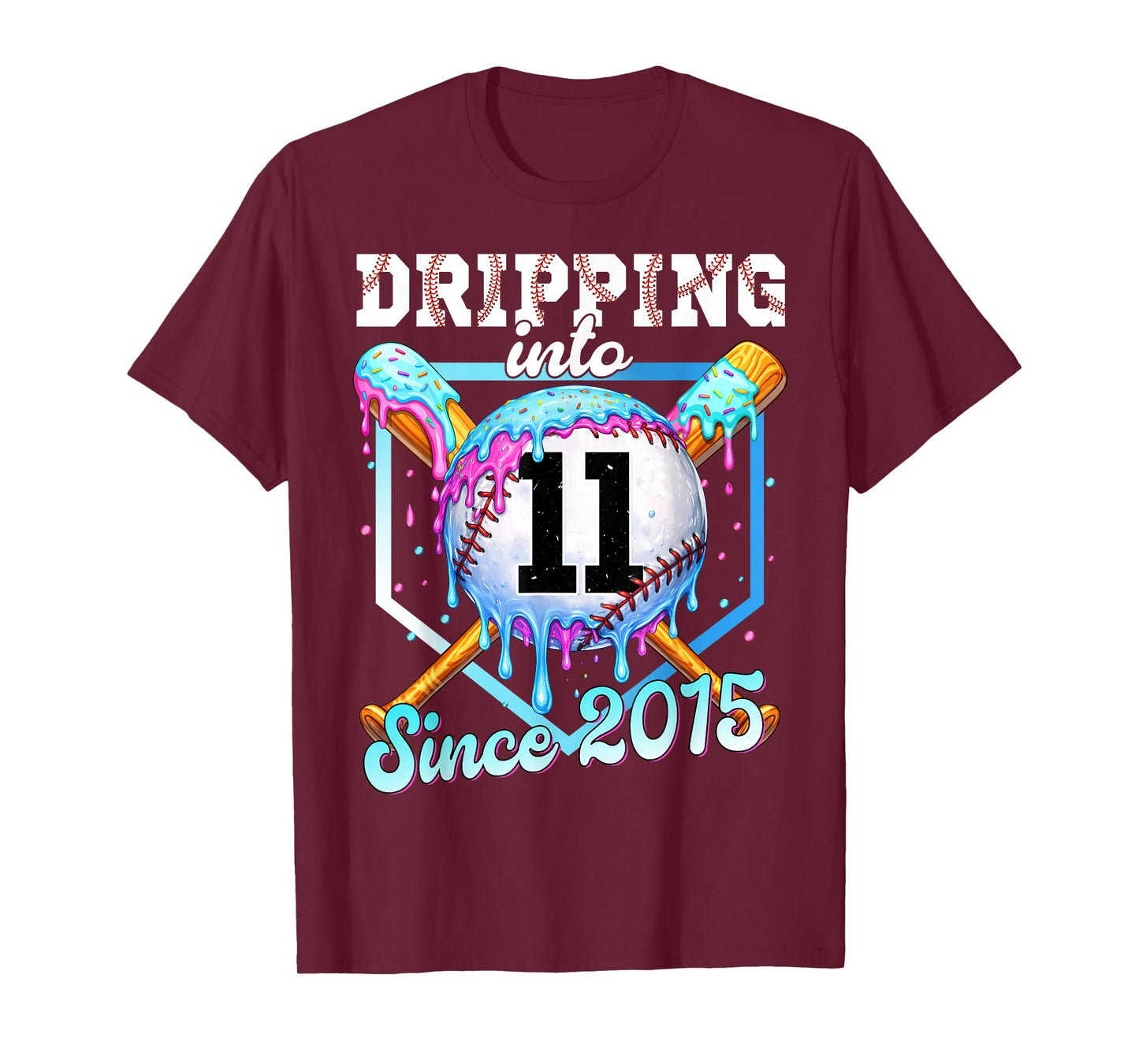 11 Years Old Baseball Ice Cream 11th Birthday Boy Since 2015 T-Shirt - T-Shirt | Maroon