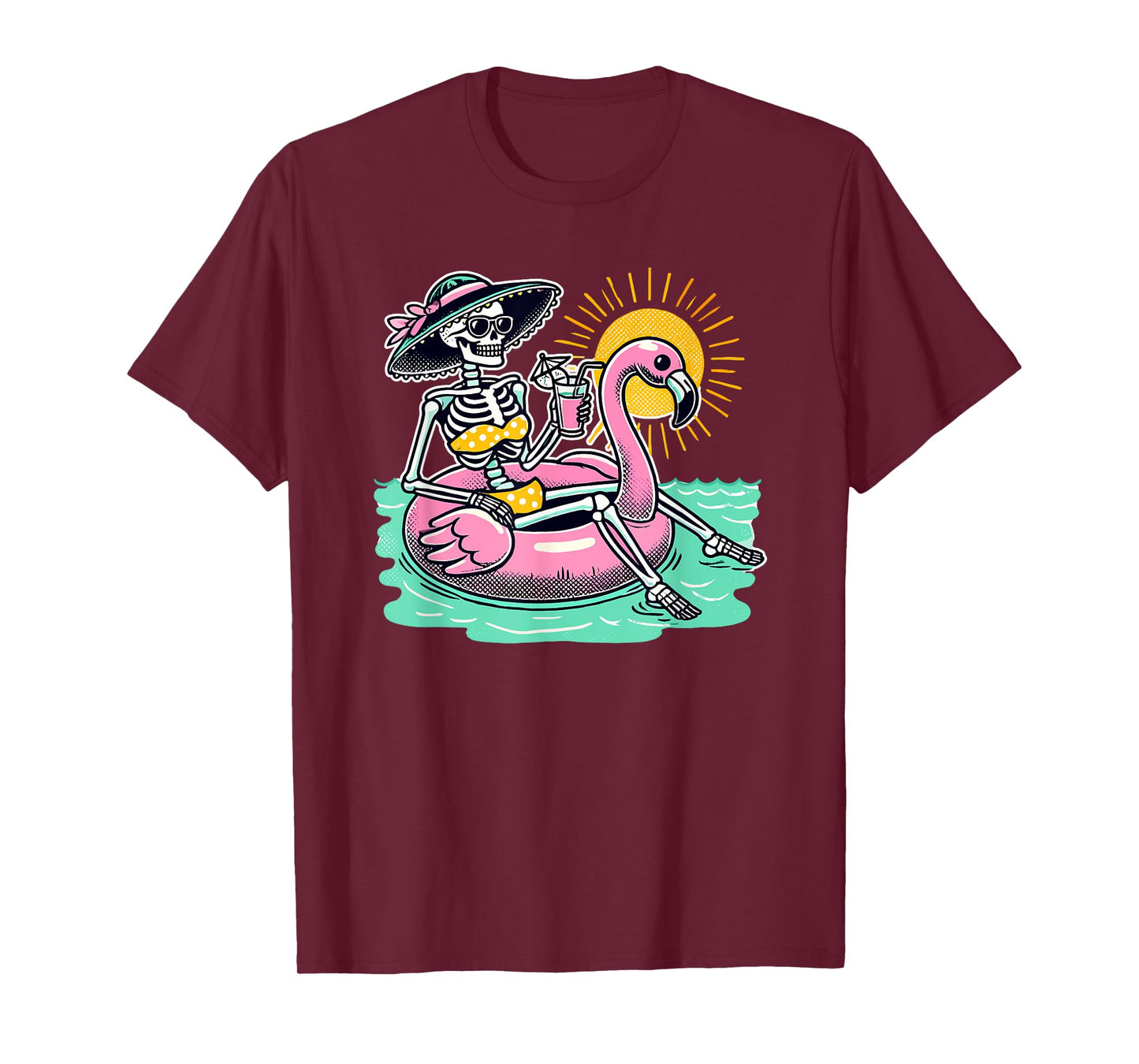 Retro Summer Skeleton Flamingo Float Vacation Beach Drink Men Women T-Shirt