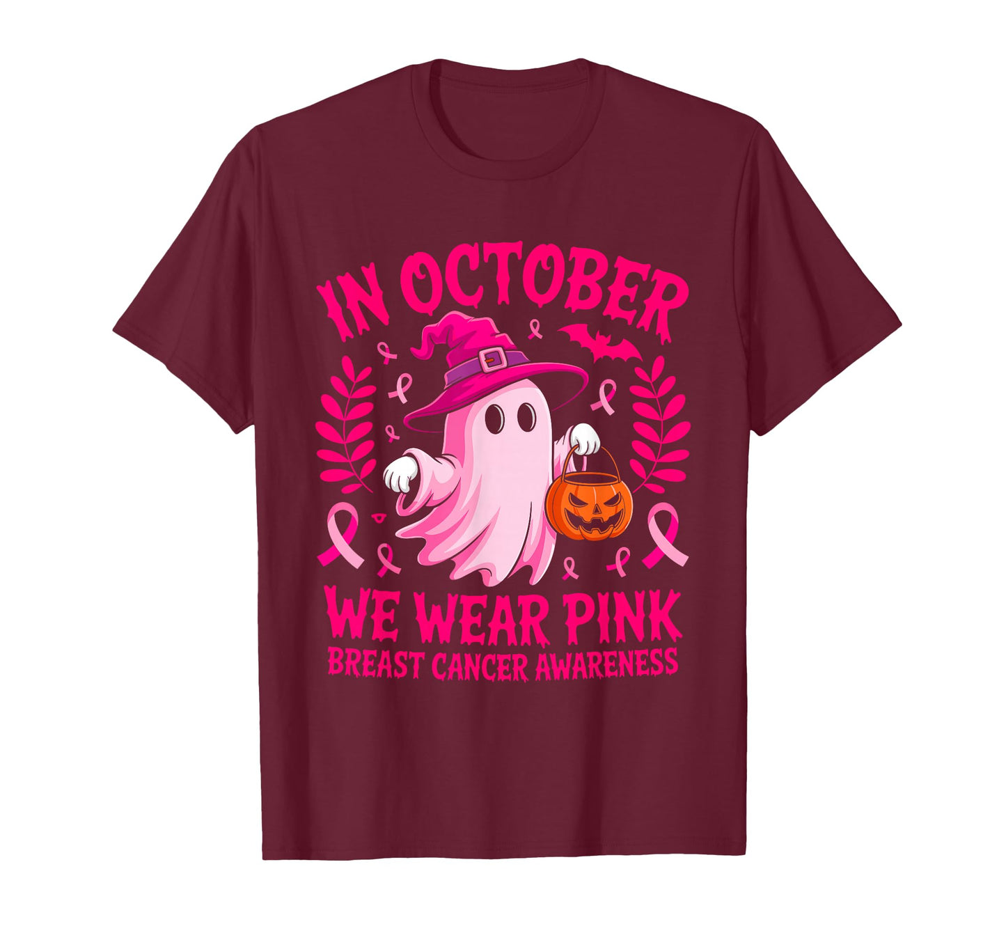 in October We Wear Pink Ghost Halloween Awareness for Women T-Shirt
