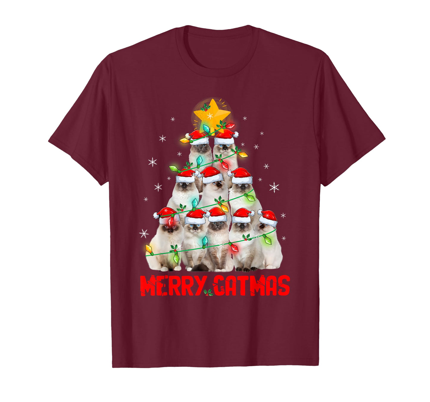 Merry Catmas Santa Birman Cats Christmas Tree Lights Xmas T-Shirt