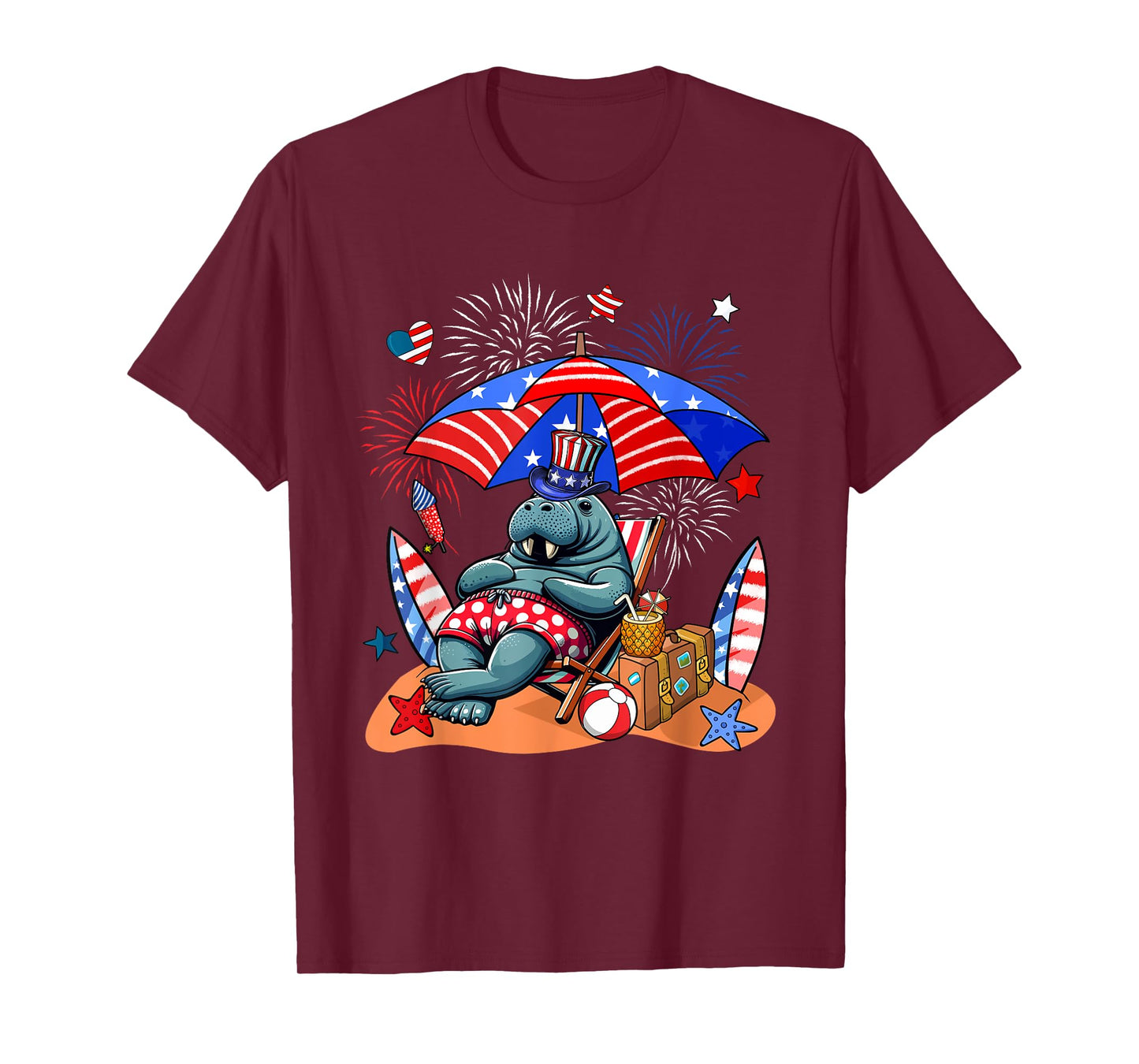 Manatee Sunglasses Relaxing On Beach 4th Of July US Flag T-Shirt